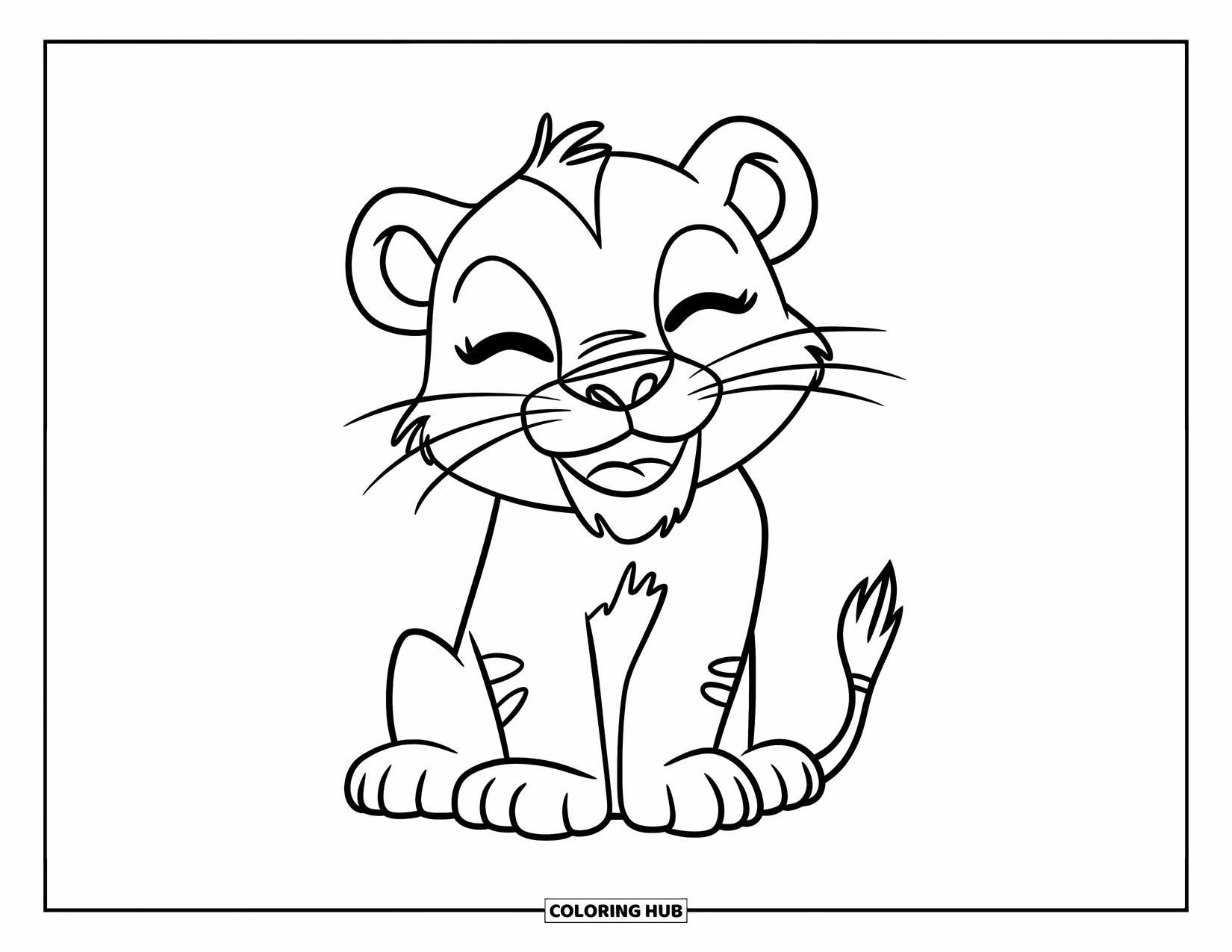 Lion Face Coloring Page for Kids: Playful lion with tiny ears, eyes closed, and paws on cheeks