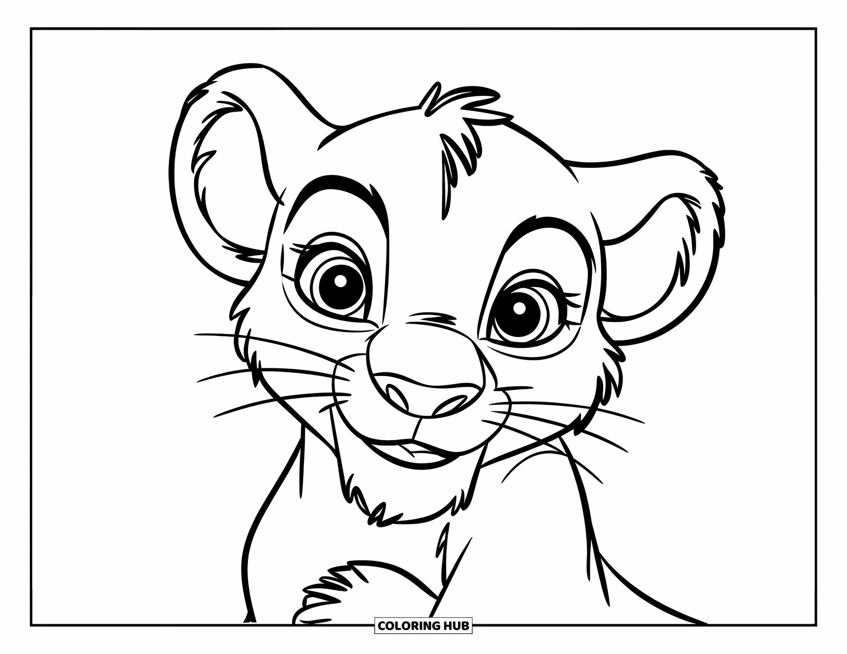 Lion Face Coloring Page for Kids: Playful lion with tiny ears, whiskers, and big eyes