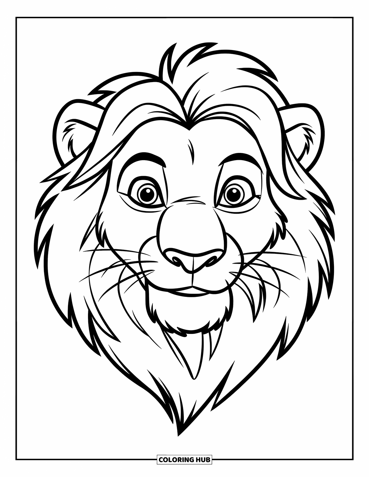 Lion Face Coloring Page for Kids: Smiling lion face with slightly detailed mane
