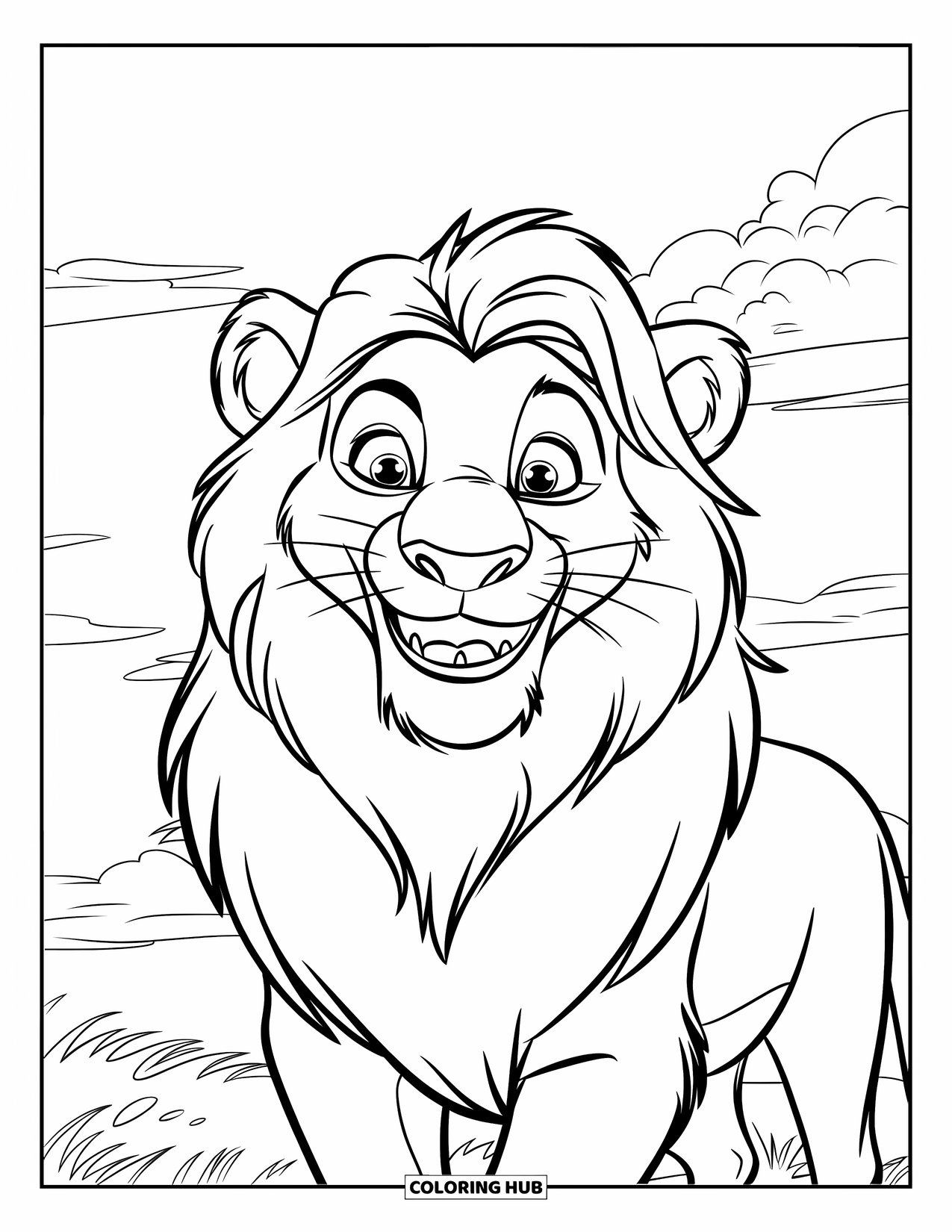 Lion Face Coloring Page for Kids: Smiling lion with mane on grassy terrain