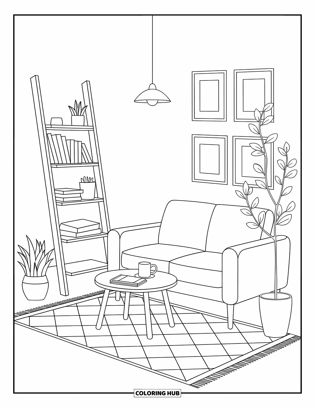 Living Room Coloring Page for Adults: Bright room with sofa, tea set, plant, and pendant light above