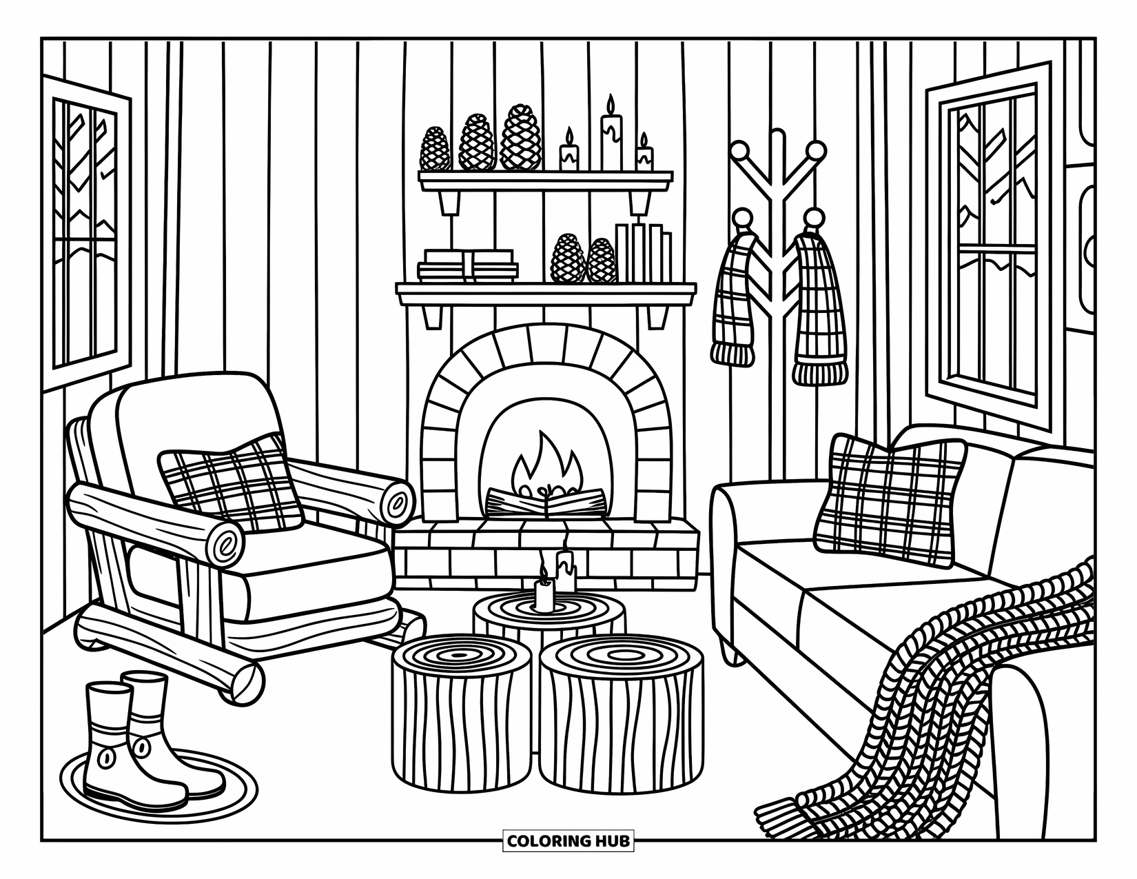 Living Room Coloring Page for Adults: Cabin with stone fireplace, plaid cushion, and shelves of pinecones and books
