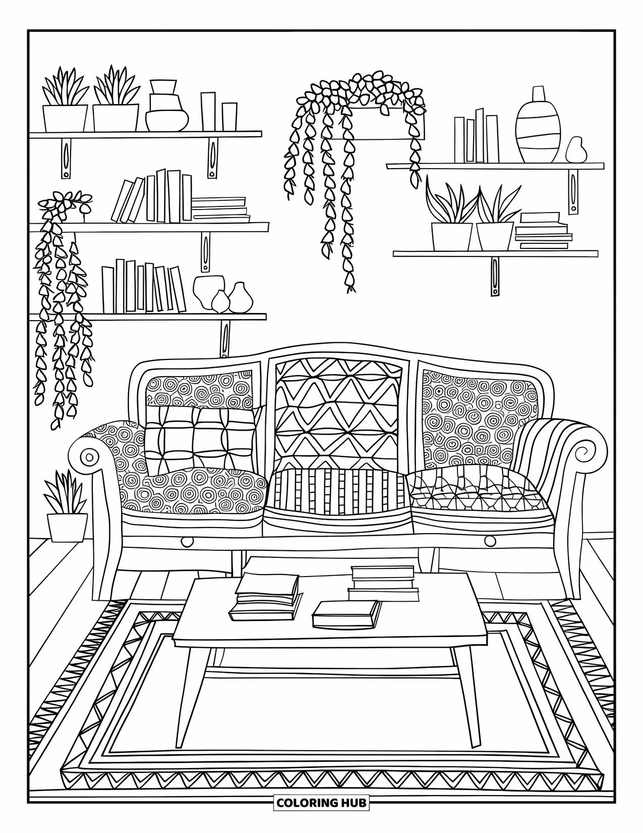 Living Room Coloring Page for Adults: Charming space with patterned sofa, layered rugs, and decorated shelves