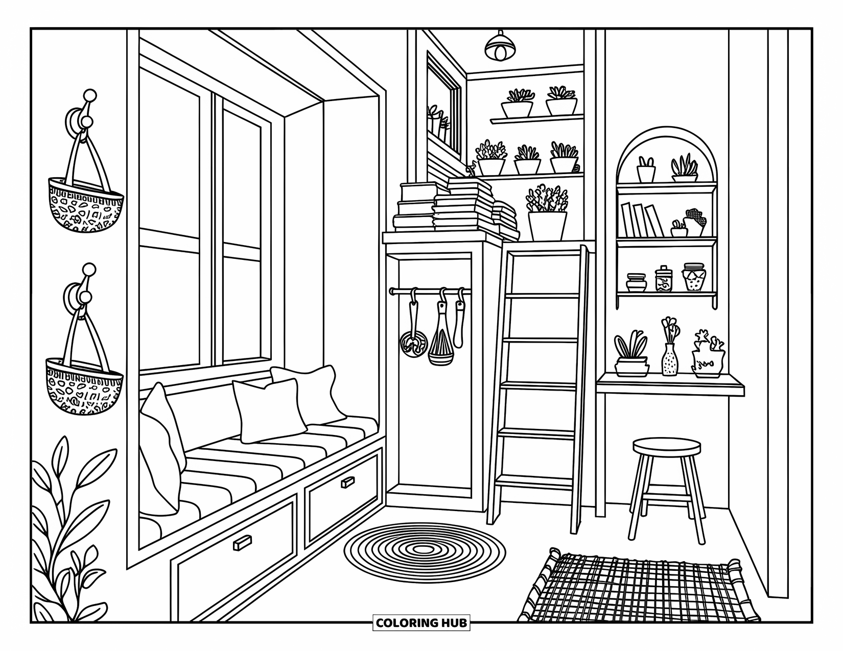 Living Room Coloring Page for Adults: Compact space with window bench, folding table, and ladder to loft