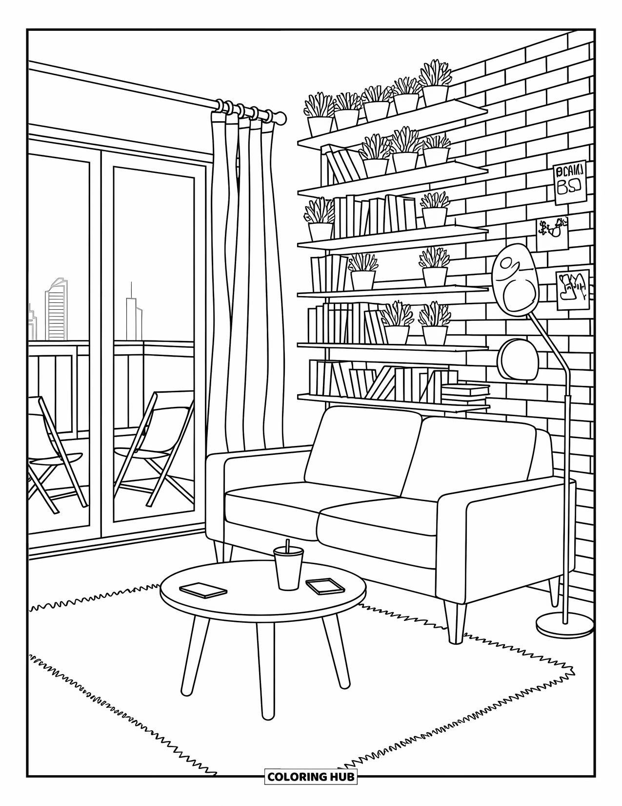 Living Room Coloring Page for Adults: Cozy nook with sofa, bookshelf, balcony, and round coffee table