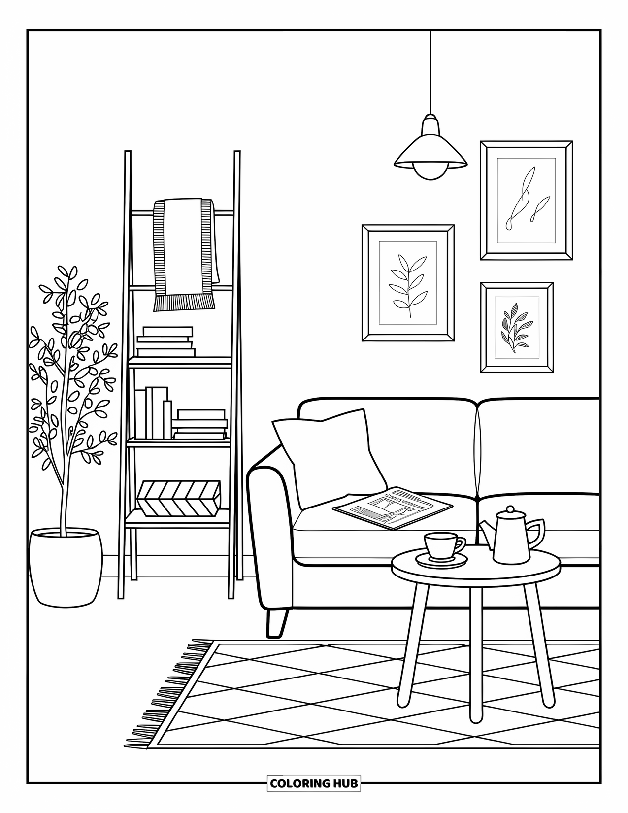 Living Room Coloring Page for Adults: Cozy room with sofa, plant, tea set, and calming pendant light
