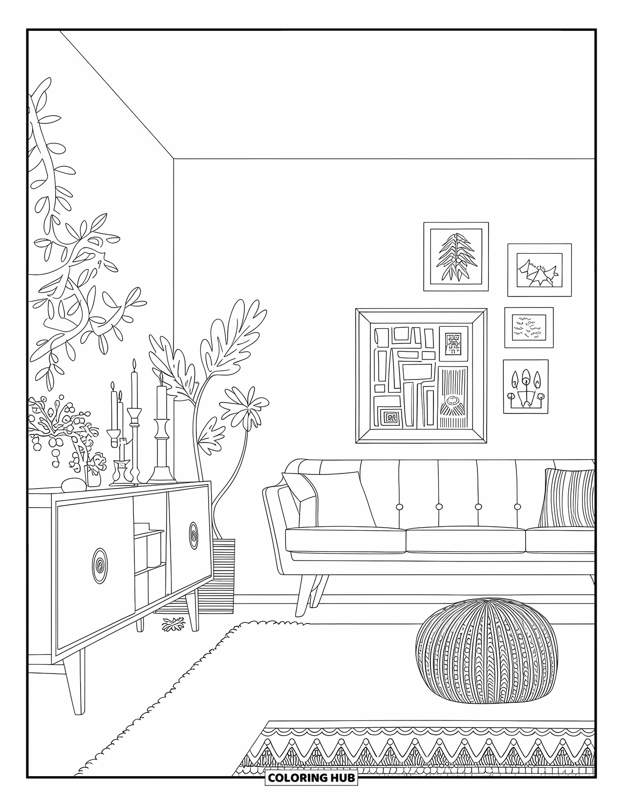 Living Room Coloring Page for Adults: Inviting space with sofa, pouf, and gallery wall filled with framed art