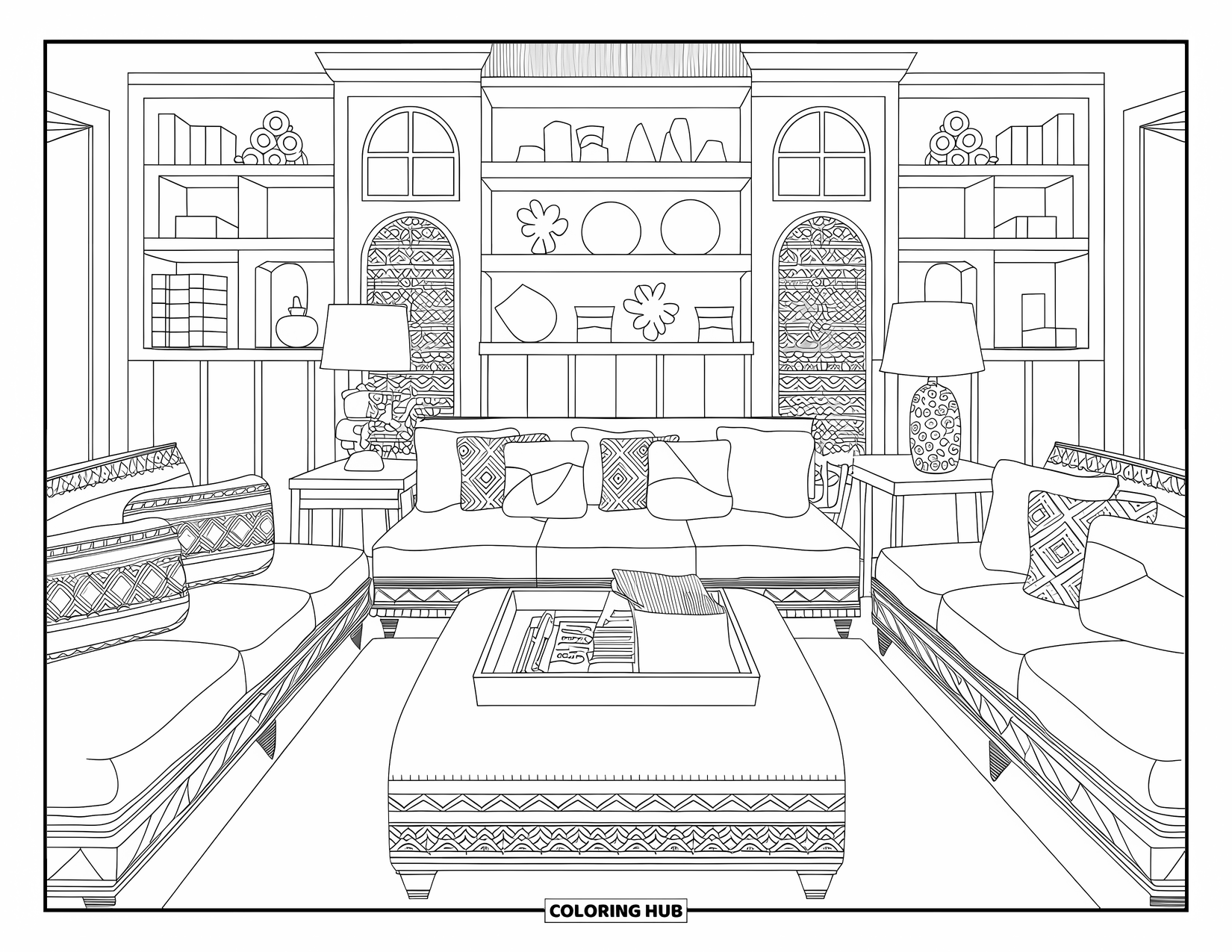 Living Room Coloring Page for Adults: Layered living room with patterned pillows, ottoman table, and built-in bookshelves