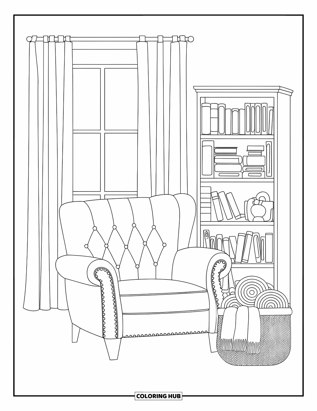 Living Room Coloring Page for Adults: Living room with tufted armchair, bookshelf, and folded blankets