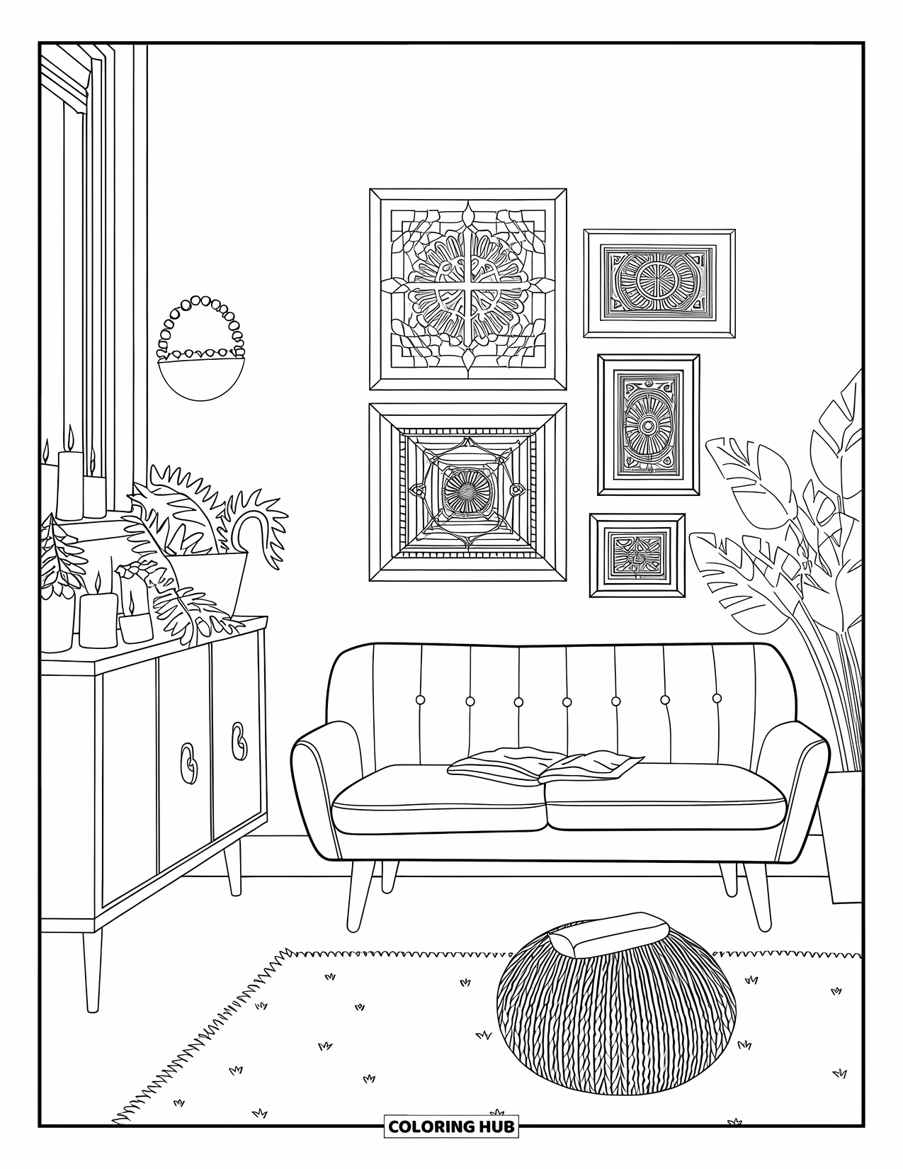 Living Room Coloring Page for Adults: Minimal cozy room with sofa, pouf, and sideboard decorated with plants