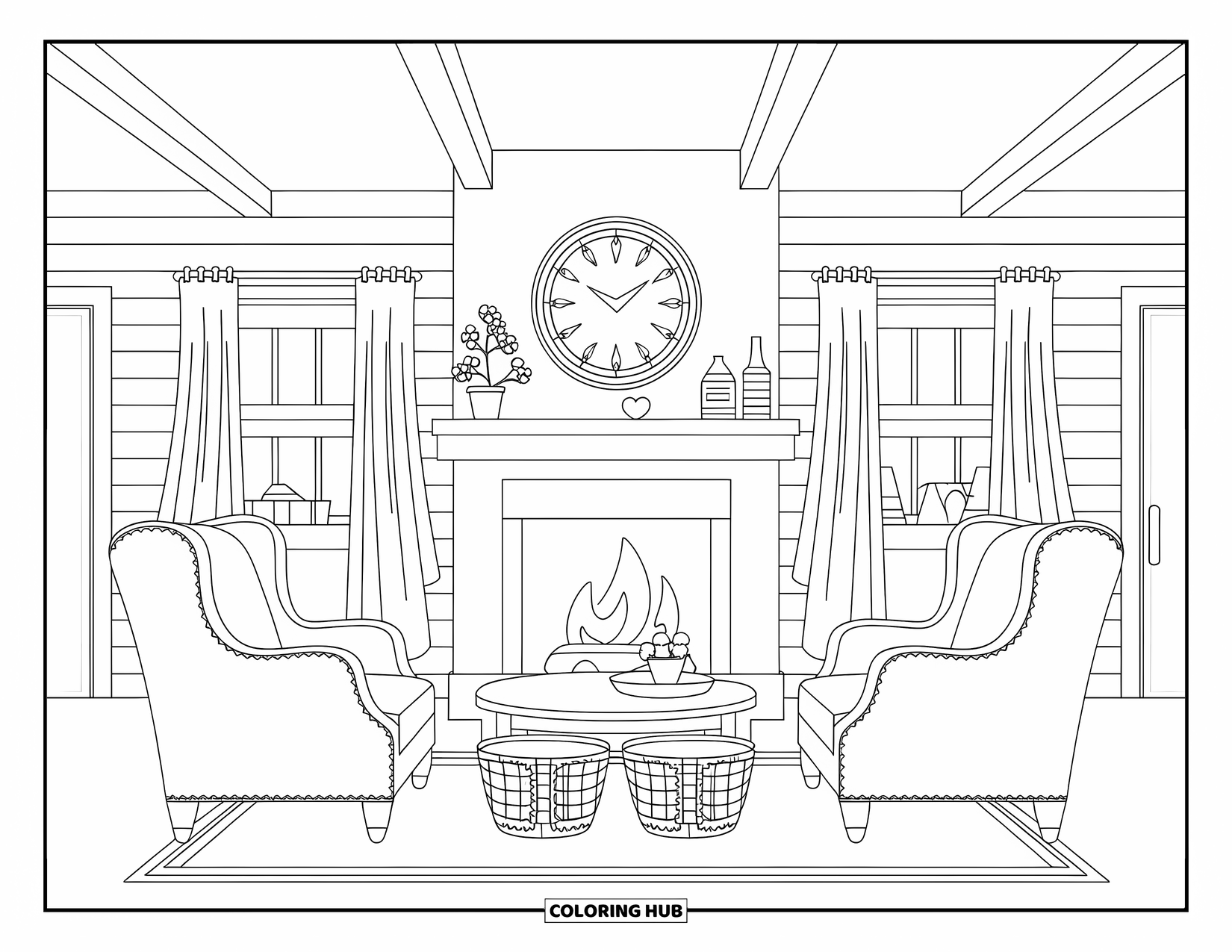 Living Room Coloring Page for Adults: Modern farmhouse with shiplap wall, armchairs, and fireplace centerpiece