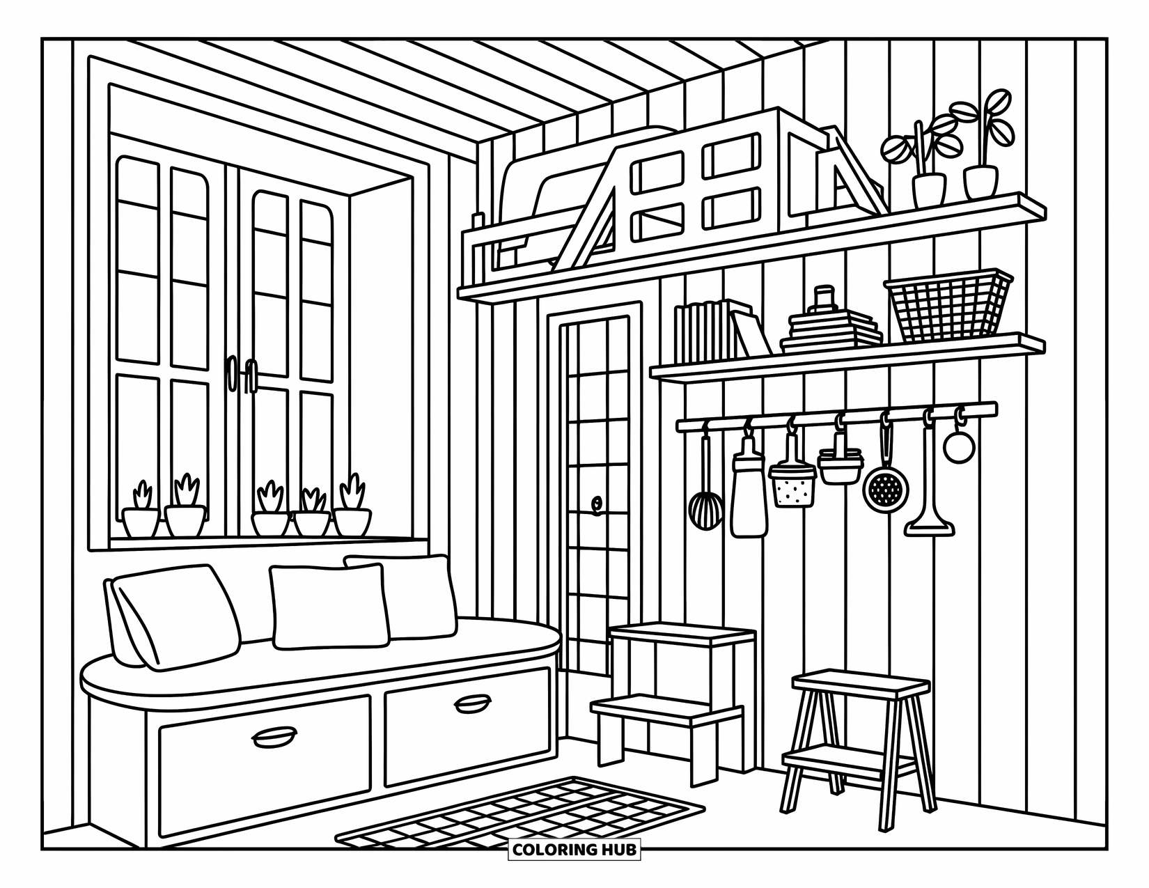 Living Room Coloring Page for Adults: Multifunctional nook with bench drawers, ladder loft, and wall hooks