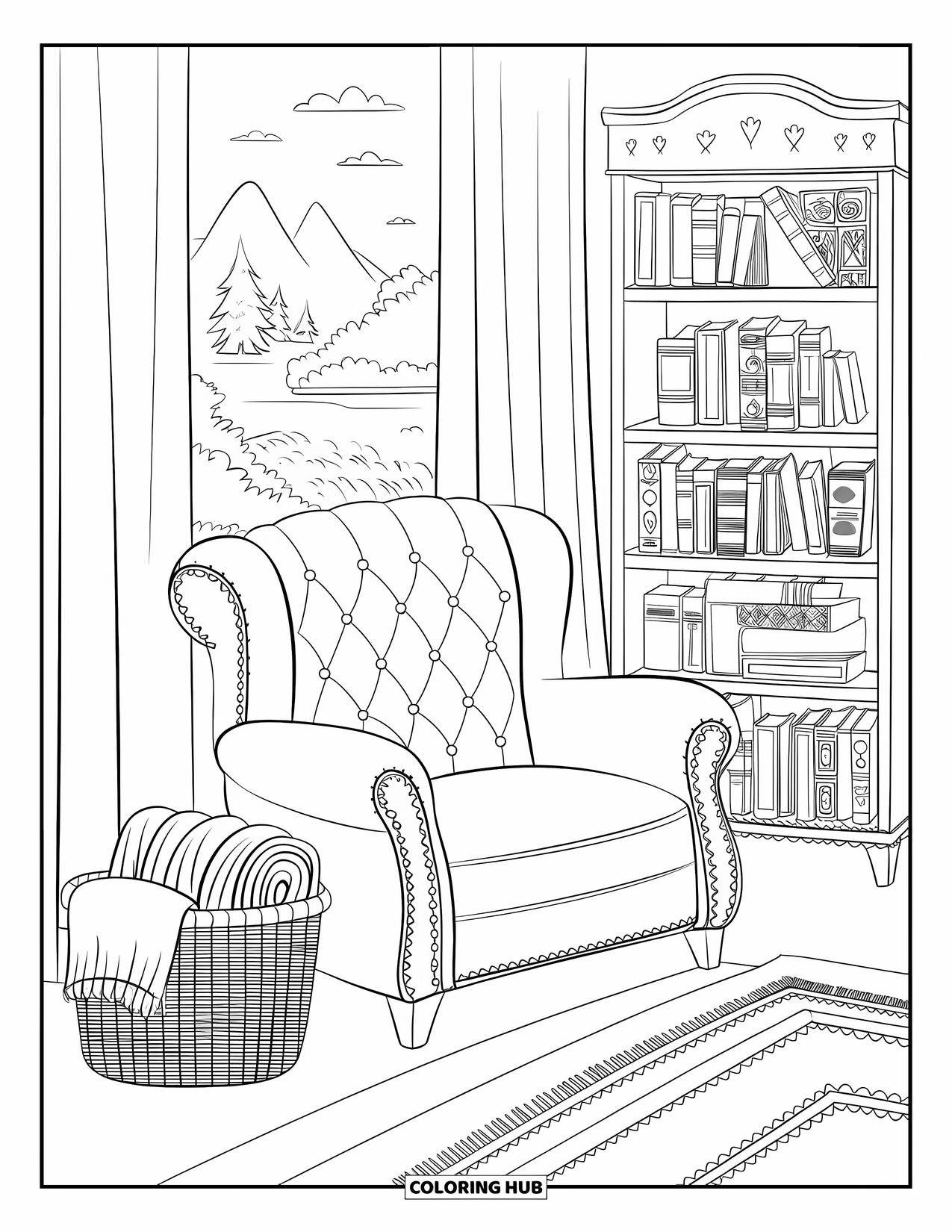 Living Room Coloring Page for Adults: Tufted armchair with bookshelf, cozy lamp, and folded blanket basket