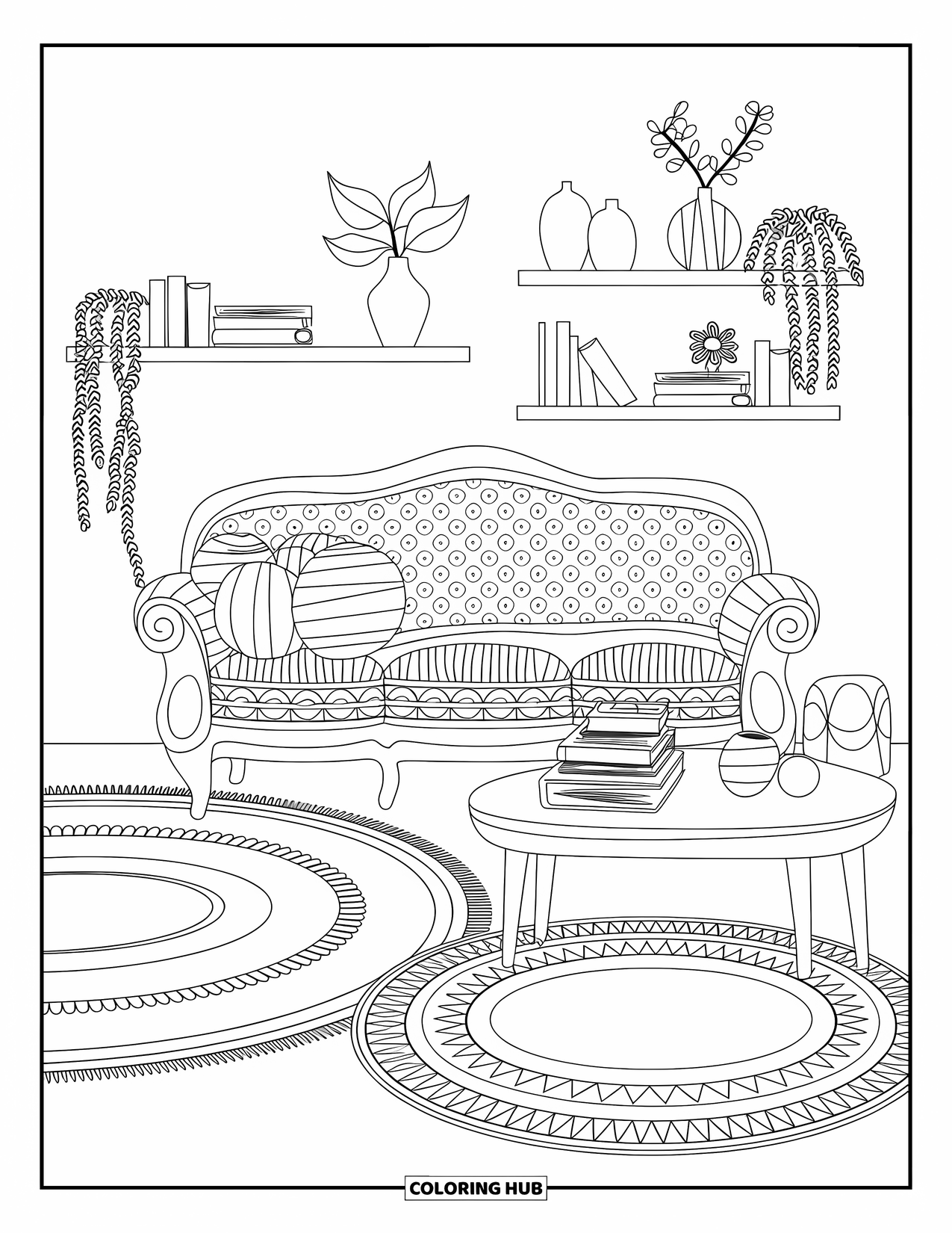 Living Room Coloring Page for Adults: Vintage sofa with layered rugs, coffee table, and decorated shelves