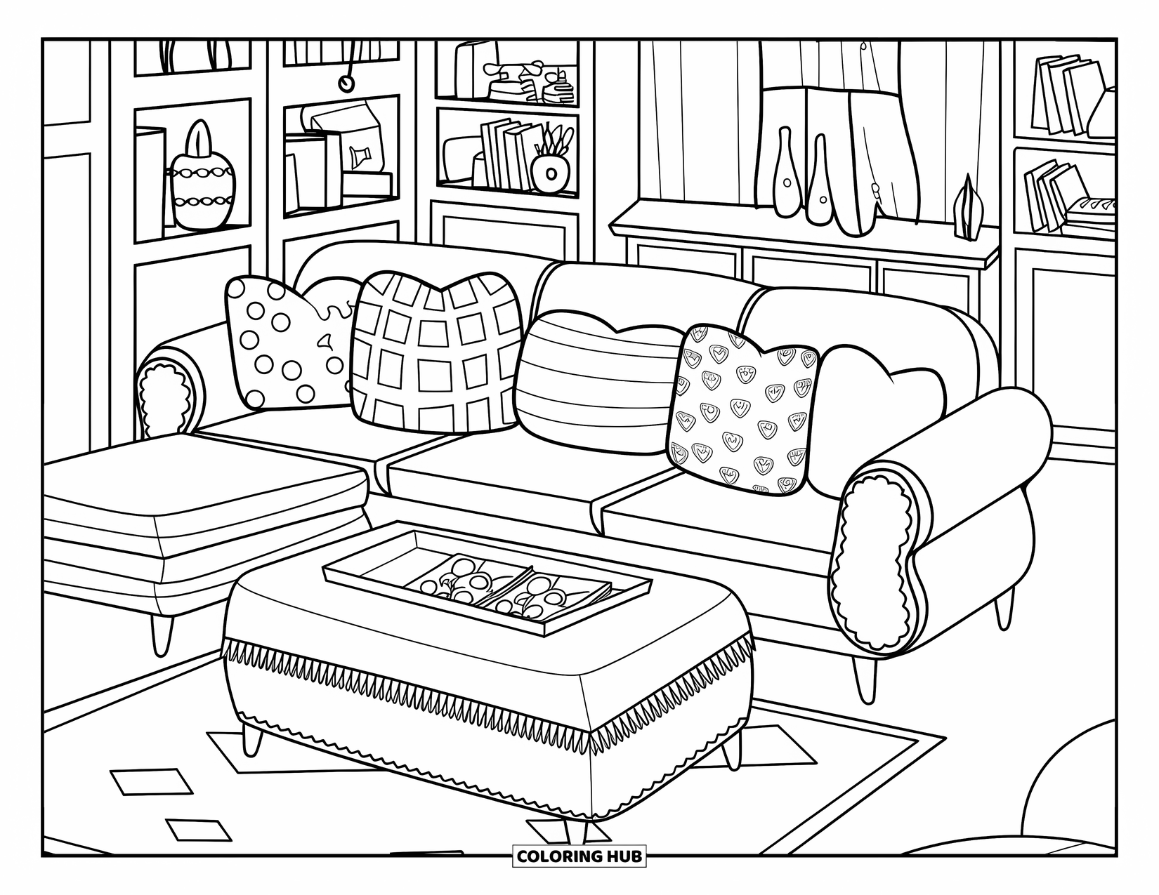 Living Room Coloring Page for Adults: Warm living room with patterned pillows, ottoman table, and book-filled shelves