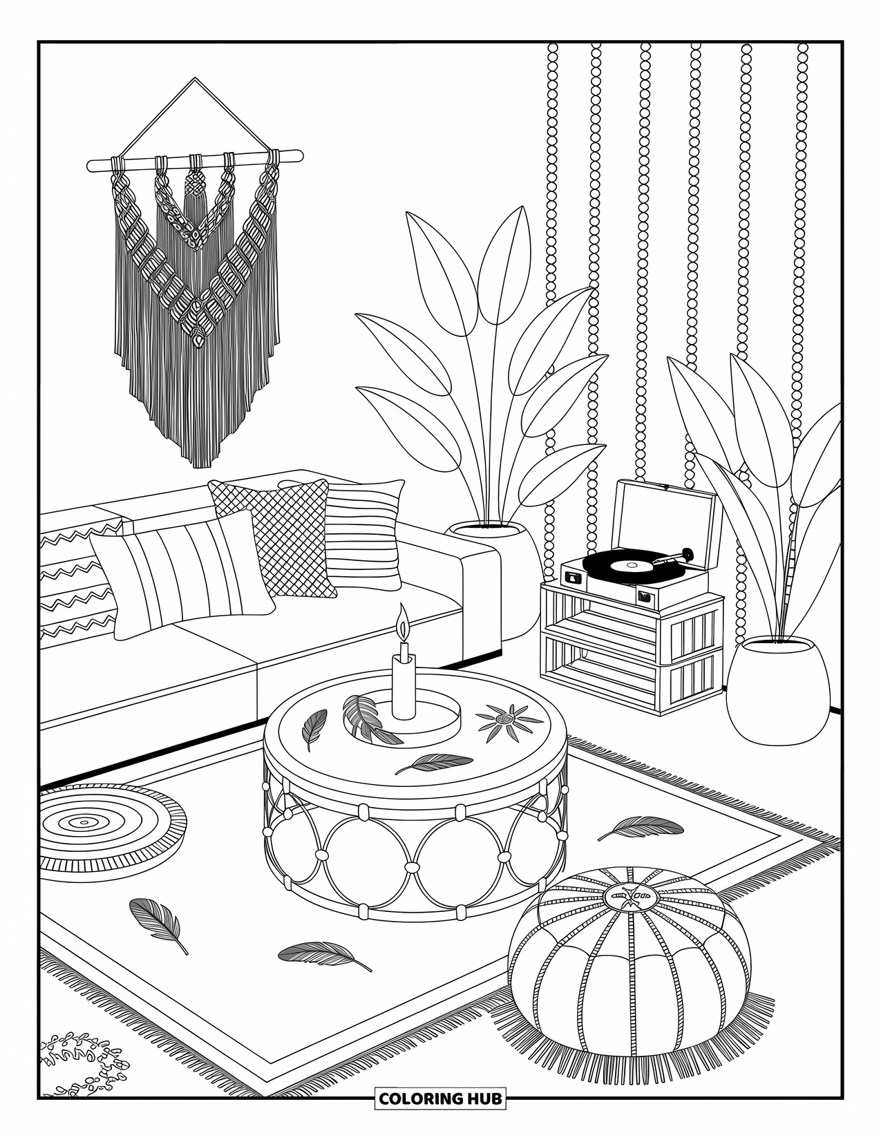 Living Room Coloring Page for Adults: Warm living space with patterned pillows, plants, and record player