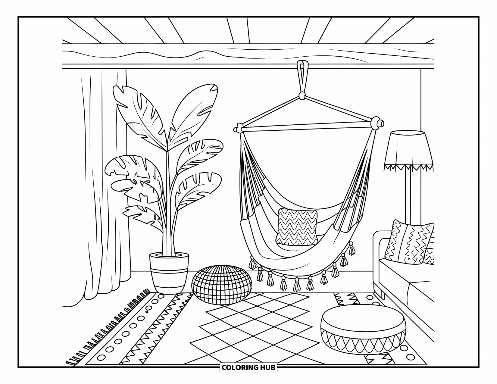 Living Room Coloring Page for Kids: Bohemian living room with hammock, pillows, rug, and a lamp
