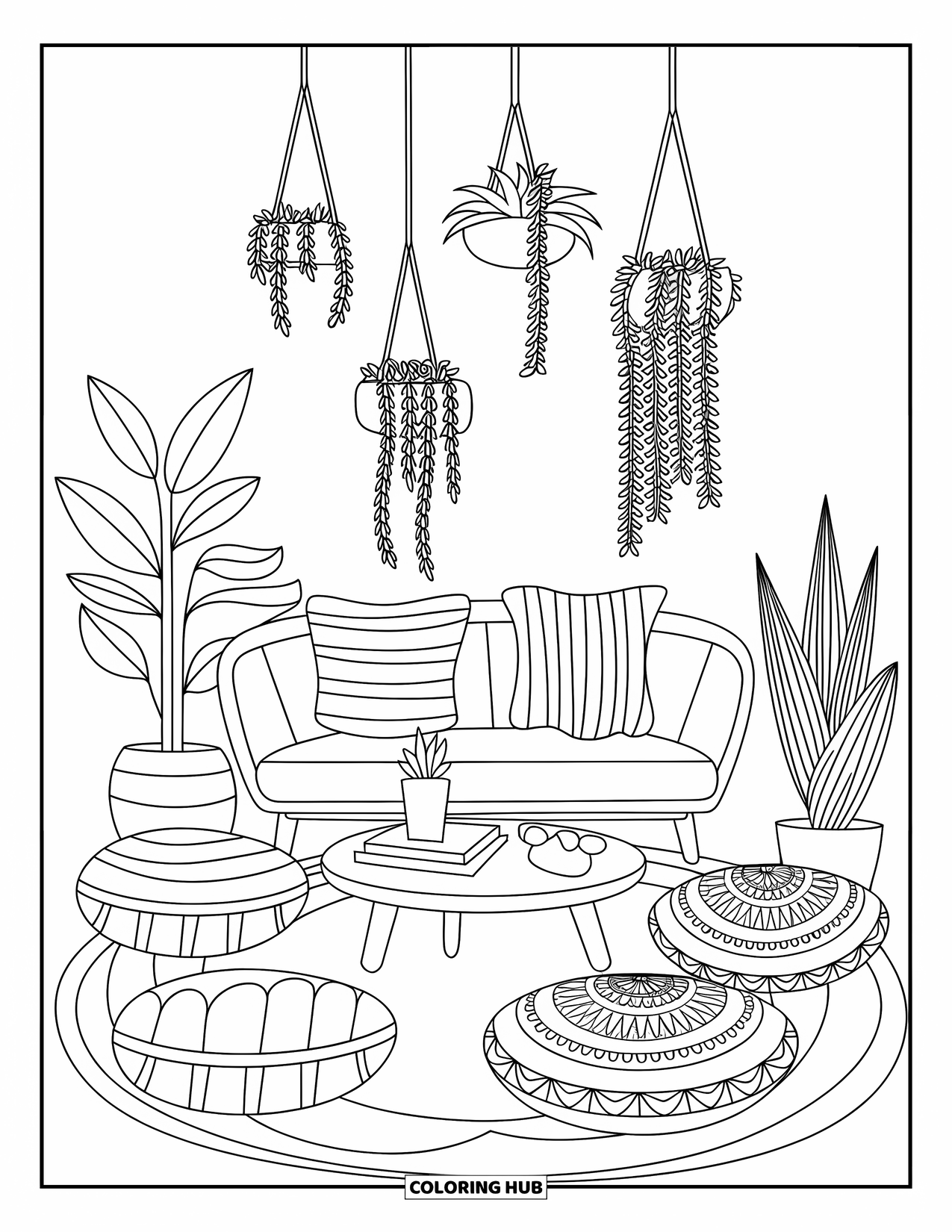 Living Room Coloring Page for Kids: Boho-style living room with floor pillows, round table, and plants