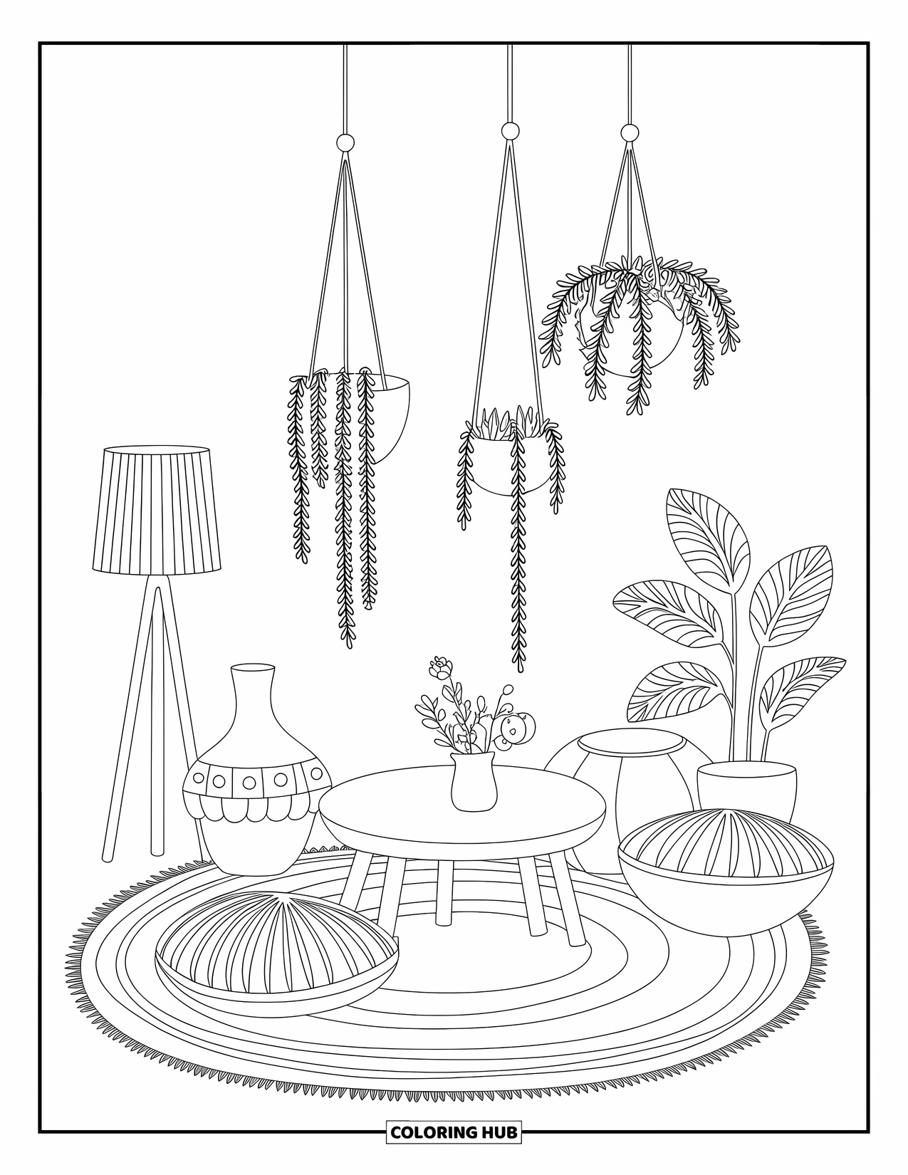 Living Room Coloring Page for Kids: Boho-style room with pillows, rug, table, and hanging plants