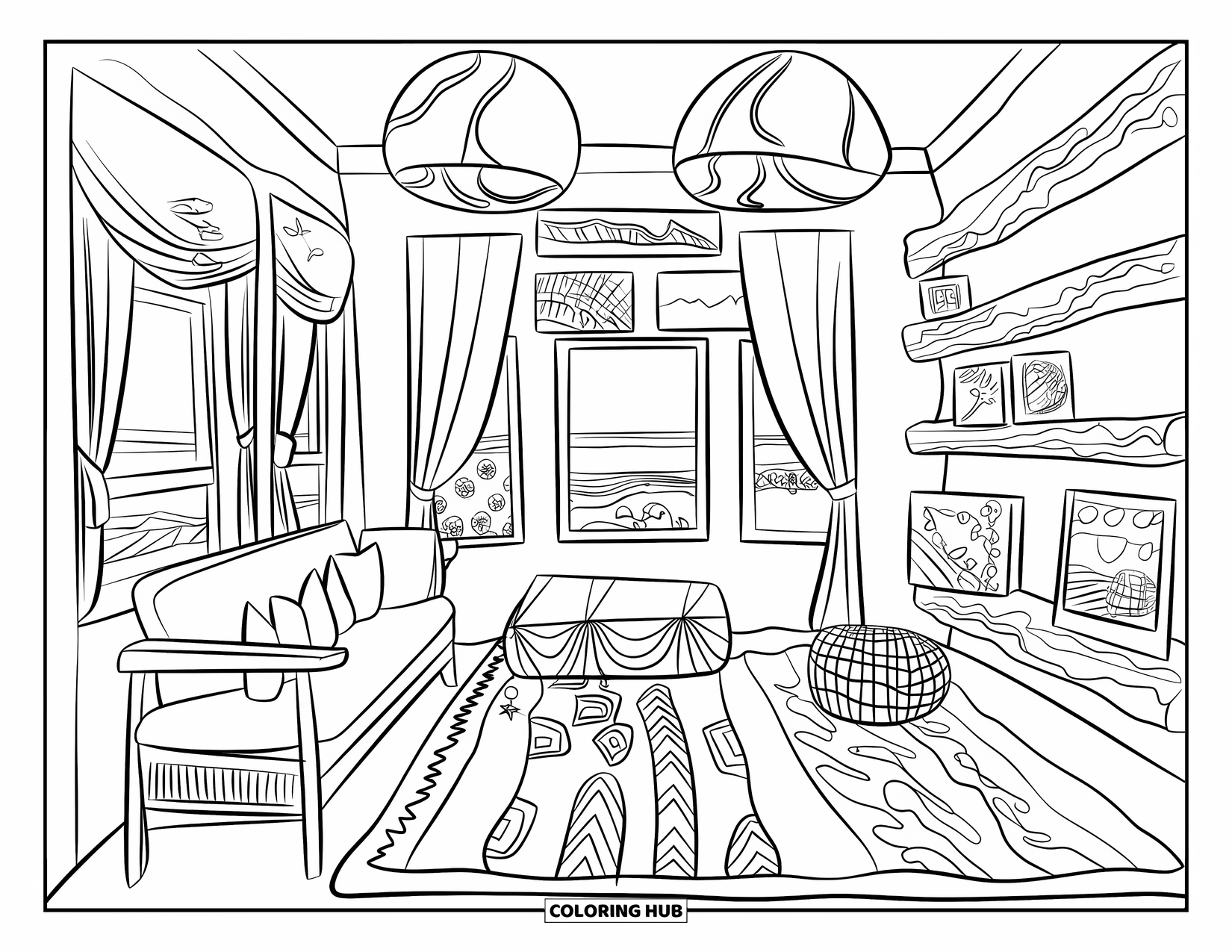 Living Room Coloring Page for Kids: Coastal living room with driftwood shelves, rug, and stylish details