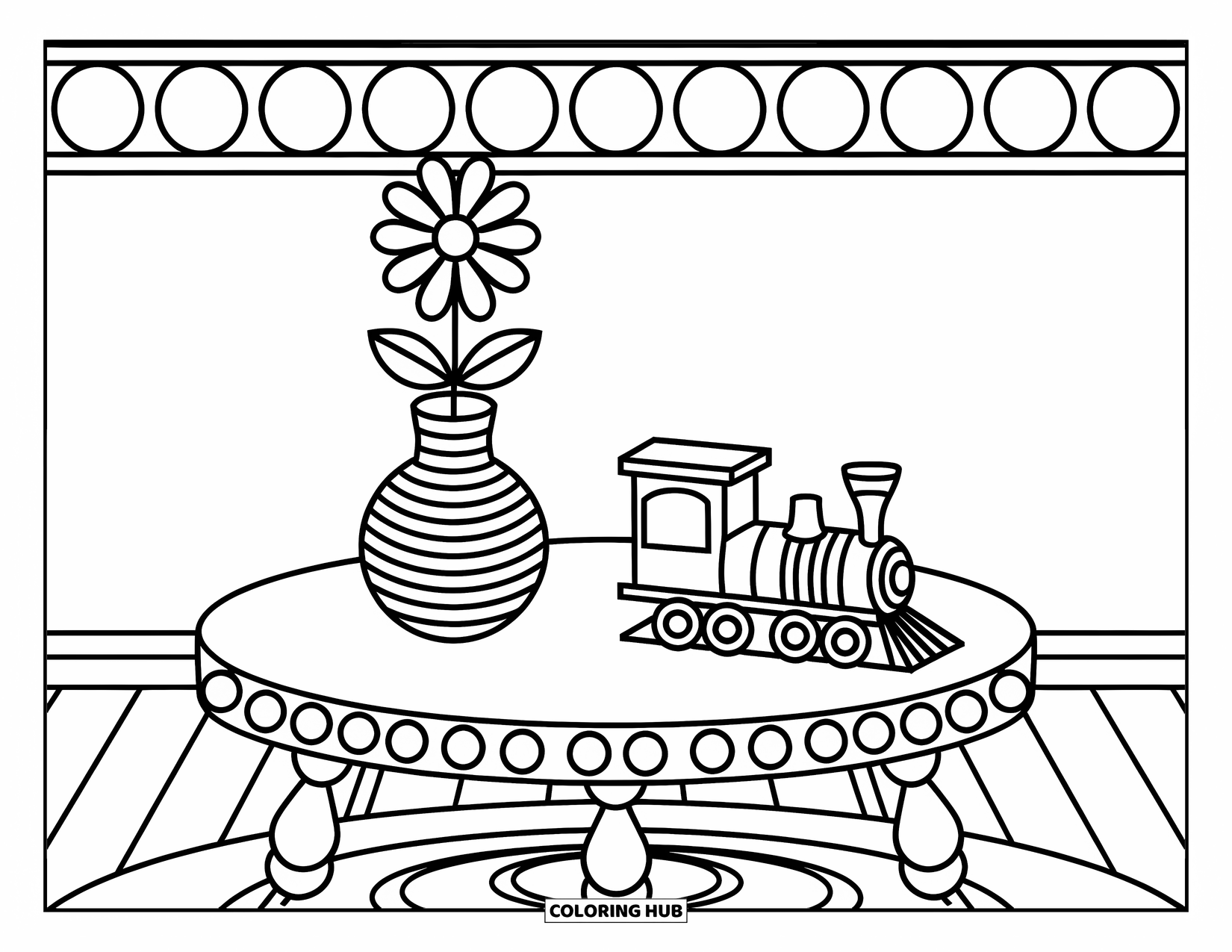 Living Room Coloring Page for Kids: Coffee table with vase, toy train, and cheerful patterned wall