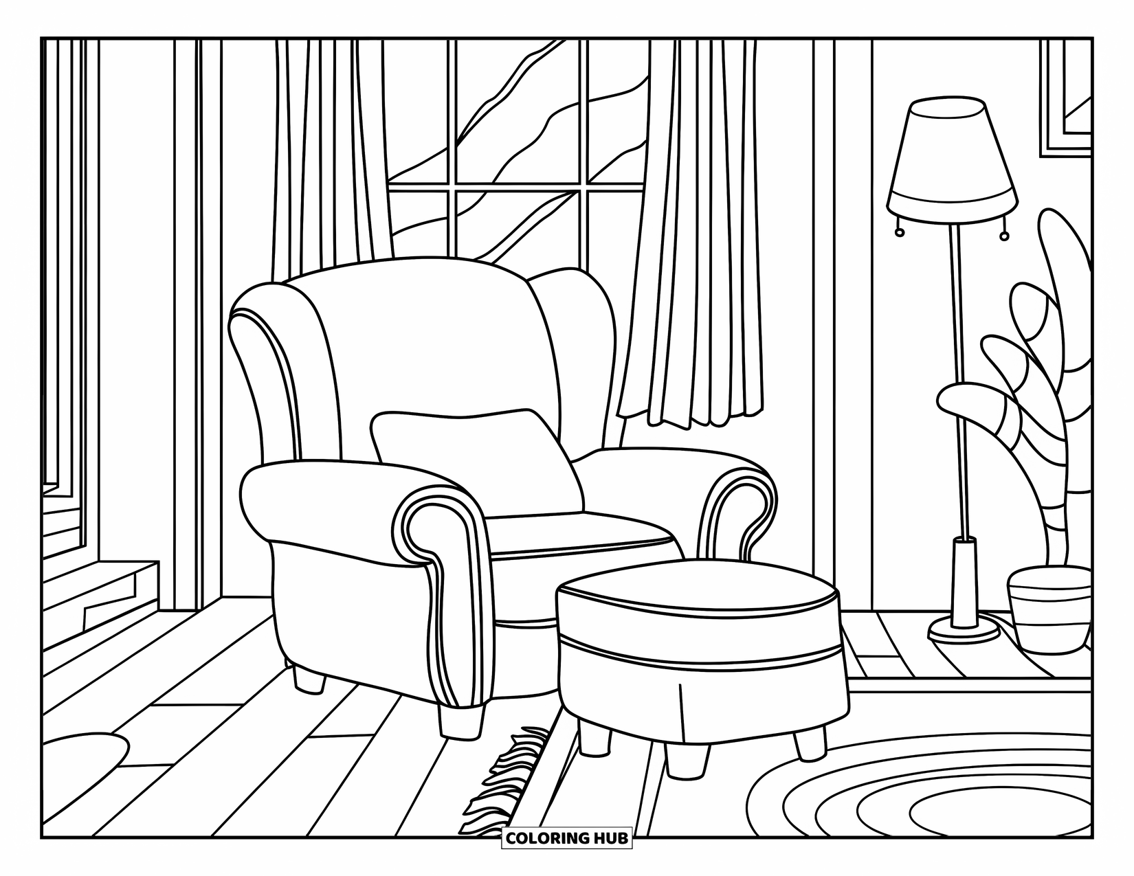 Living Room Coloring Page for Kids: Cozy armchair with window, rug, and lamp nearby
