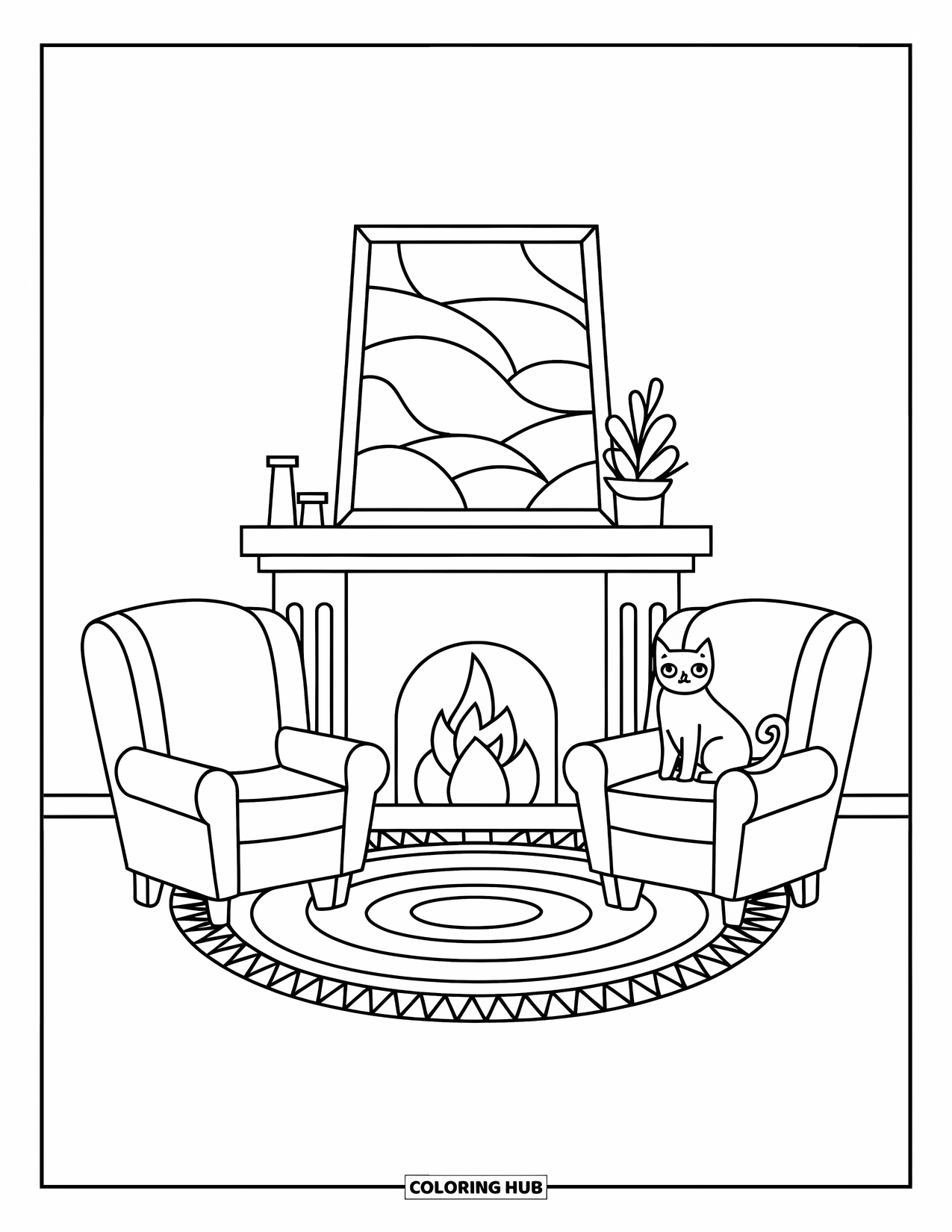 Living Room Coloring Page for Kids: Cozy fireplace room with armchairs, rug, and a cat resting