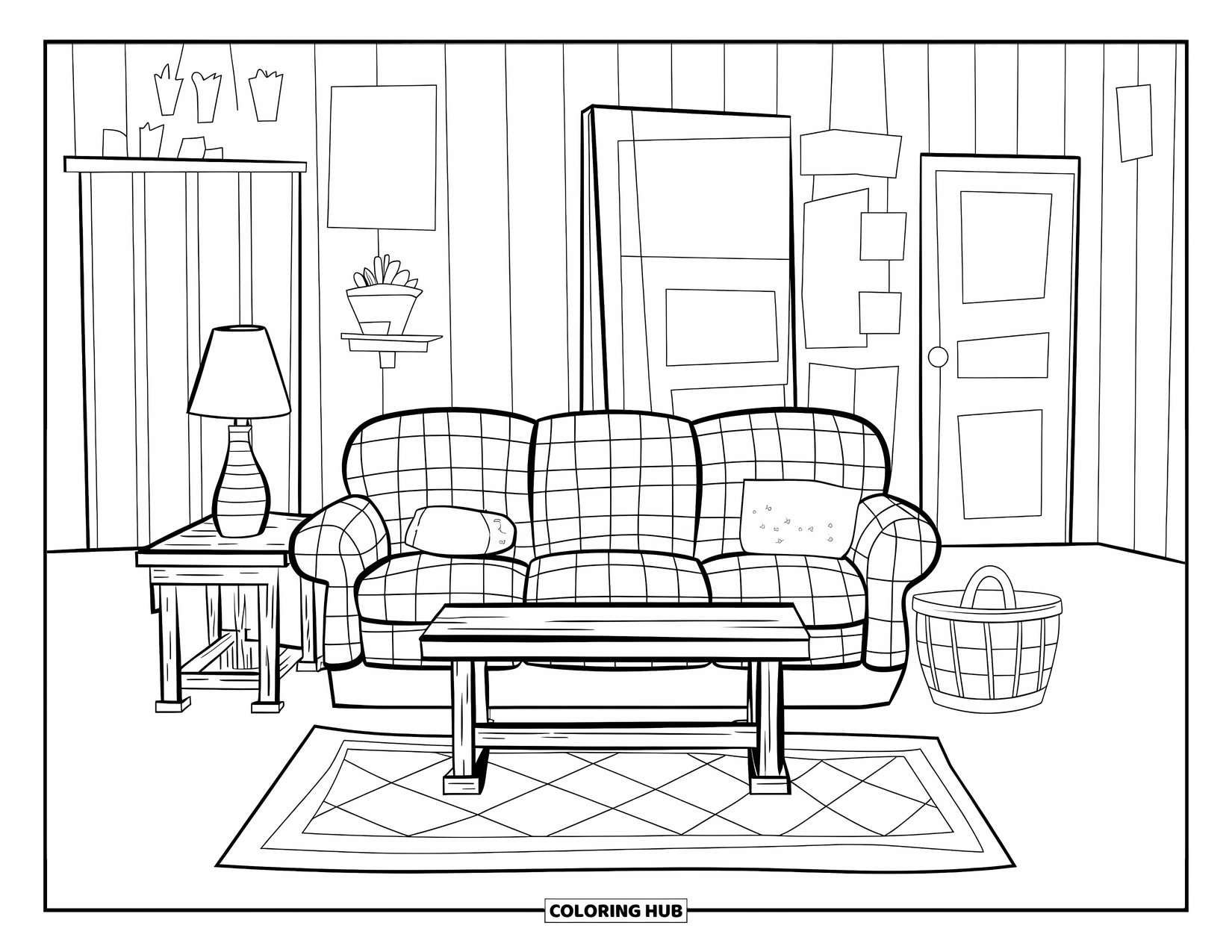 Living Room Coloring Page for Kids: Farmhouse room with plaid couch, coffee table, and simple decor