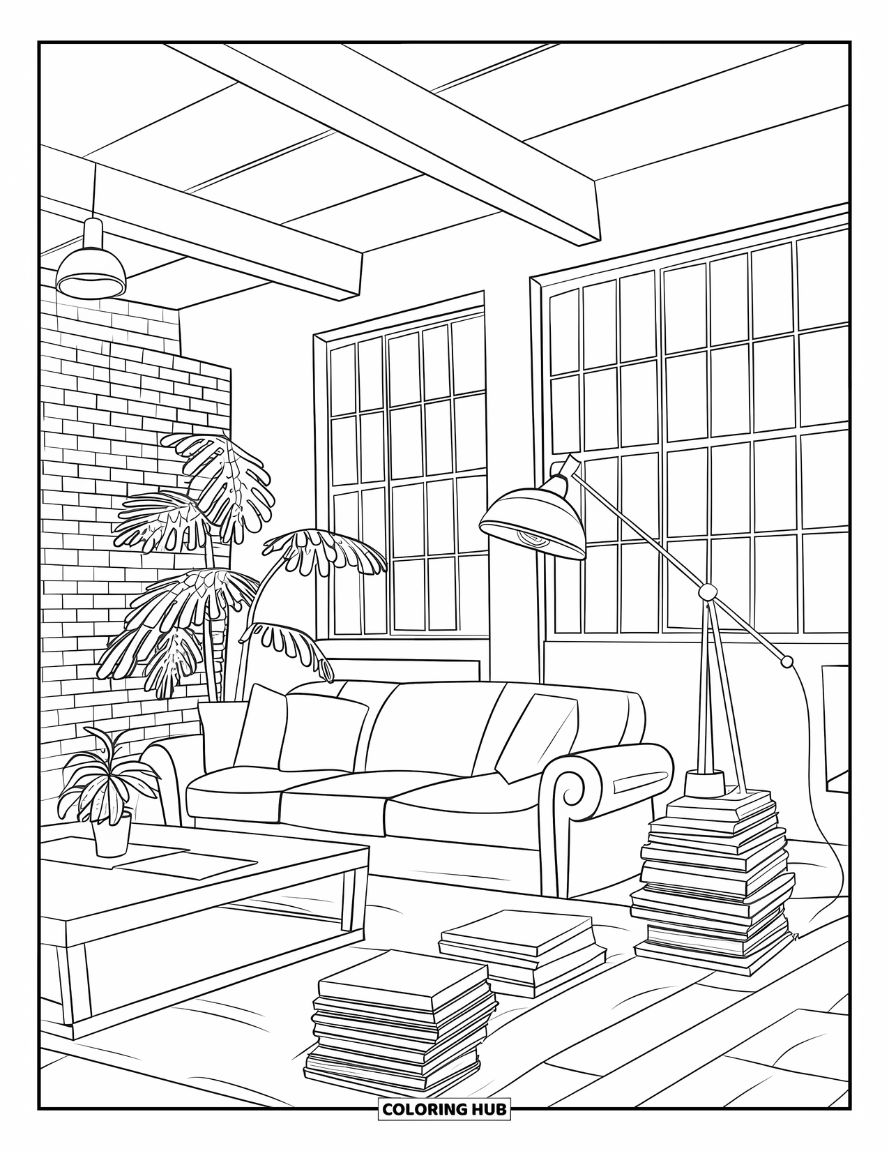 Living Room Coloring Page for Kids: Industrial loft with brick wall, couch, coffee table, and tall windows