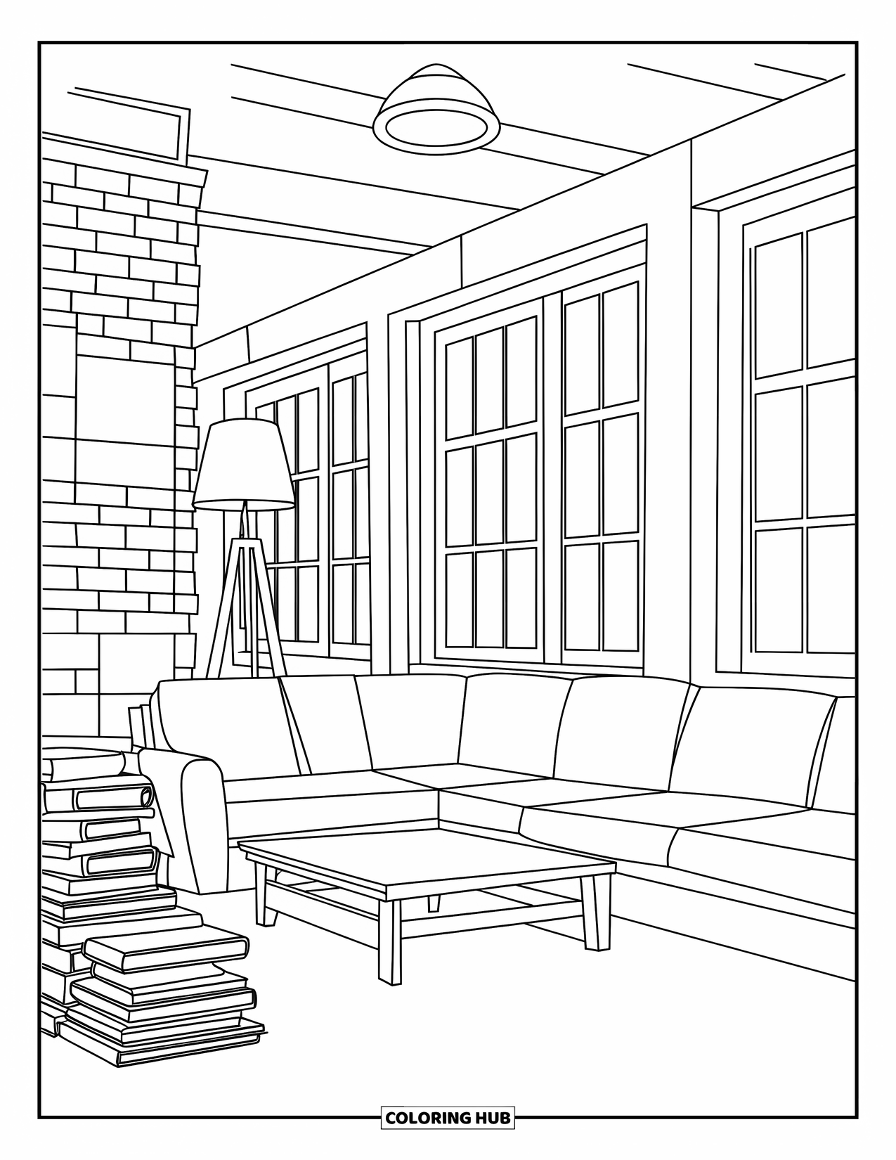 Living Room Coloring Page for Kids: Industrial loft with brick wall, sofa, coffee table, and metal lamp