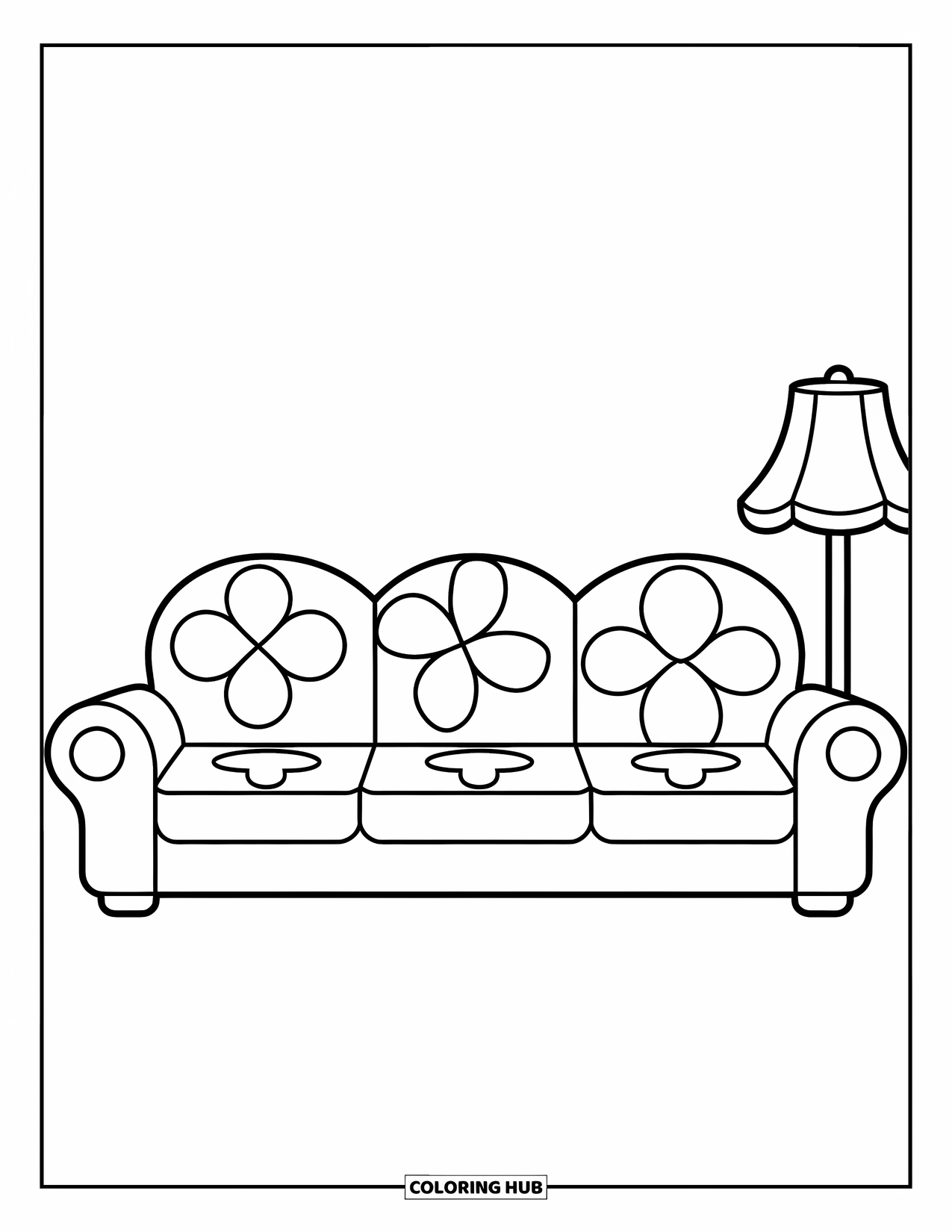 Living Room Coloring Page for Kids: Kawaii-style couch with cushions and simple playful design
