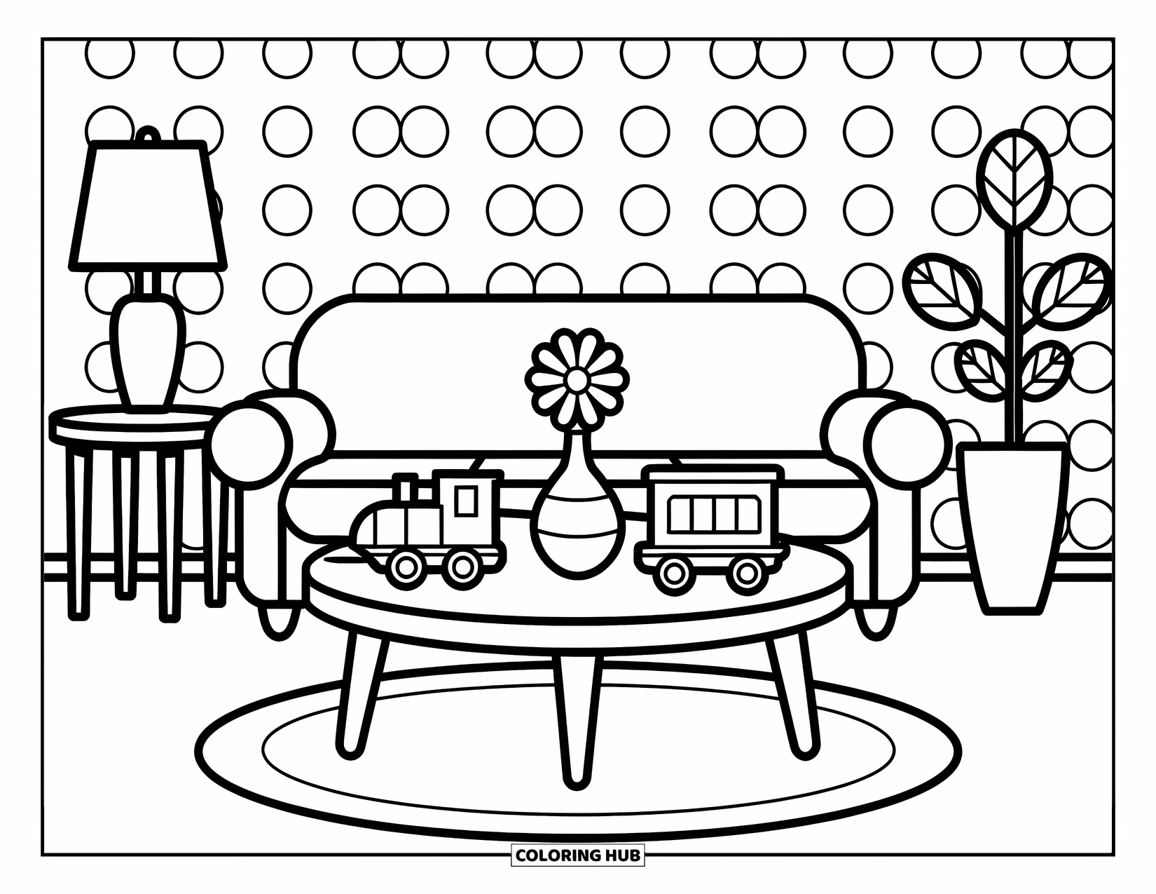 Living Room Coloring Page for Kids: Kawaii-style living room with round coffee table, vase, and toy train