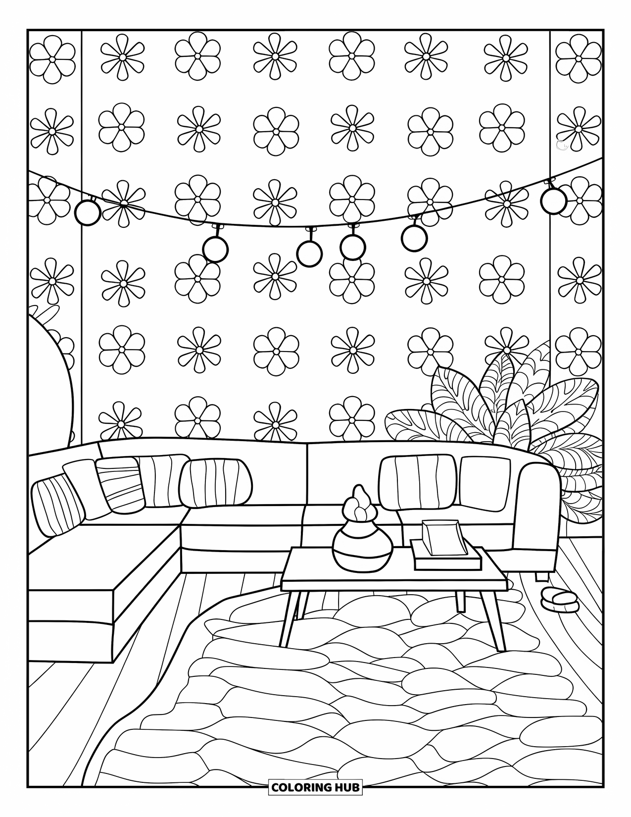Living Room Coloring Page for Kids: L-shaped sofa with pillows, coffee table, and floral patterned wall