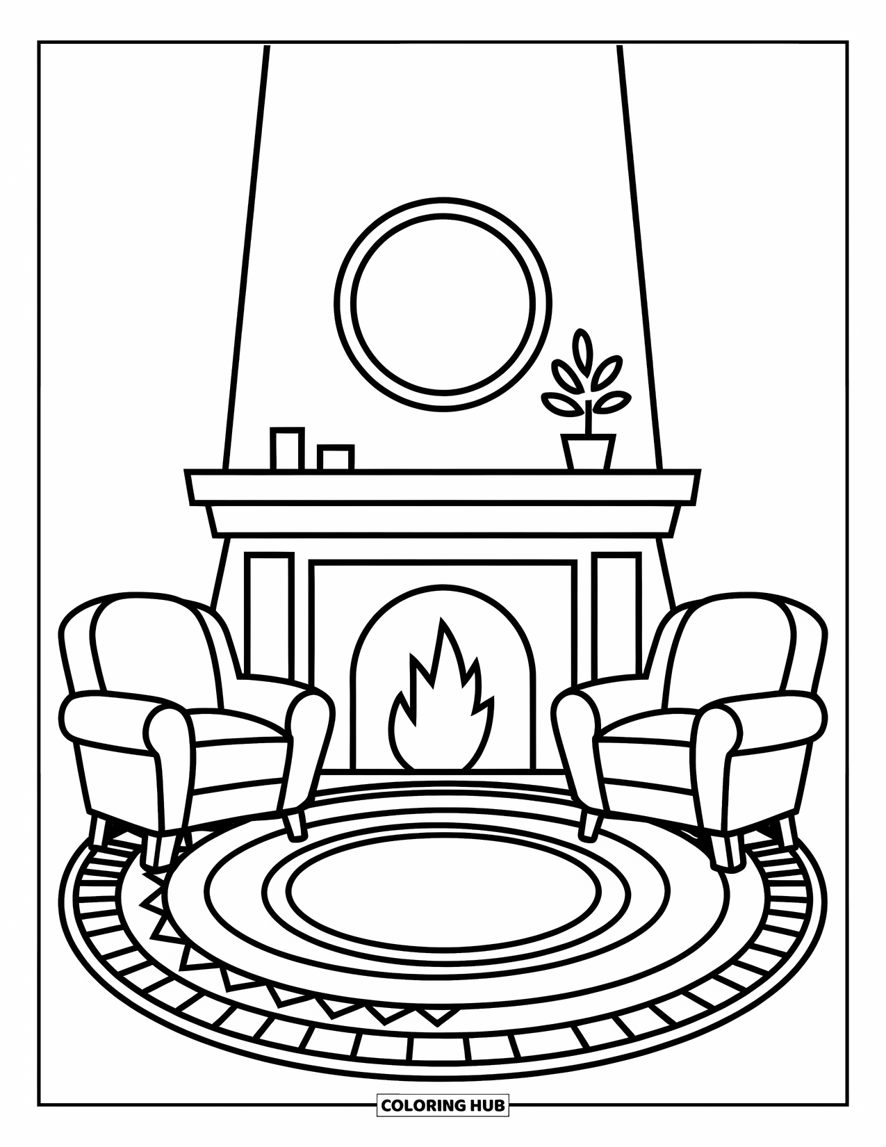 Living Room Coloring Page for Kids: Living room with fireplace, rug, and two comfy armchairs