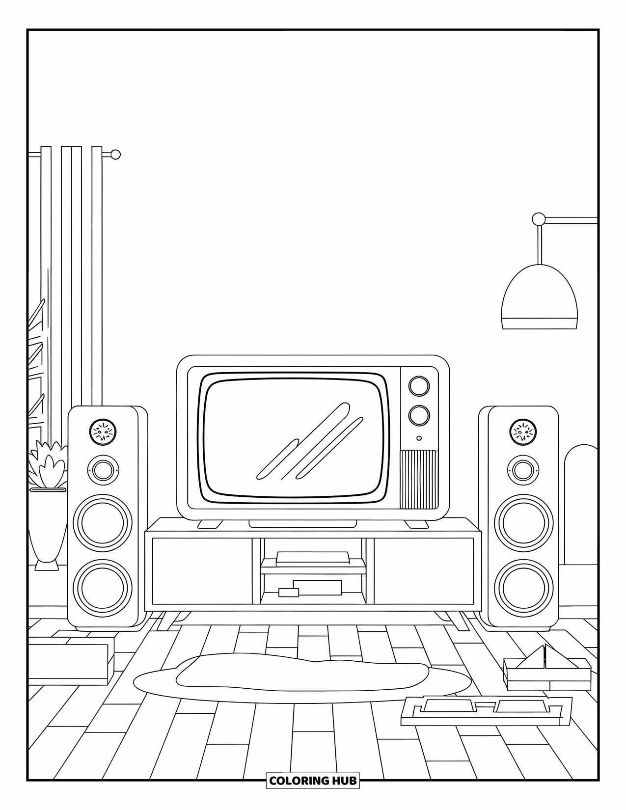 Living Room Coloring Page for Kids: Living room with television, tall speakers, lamp, and plant