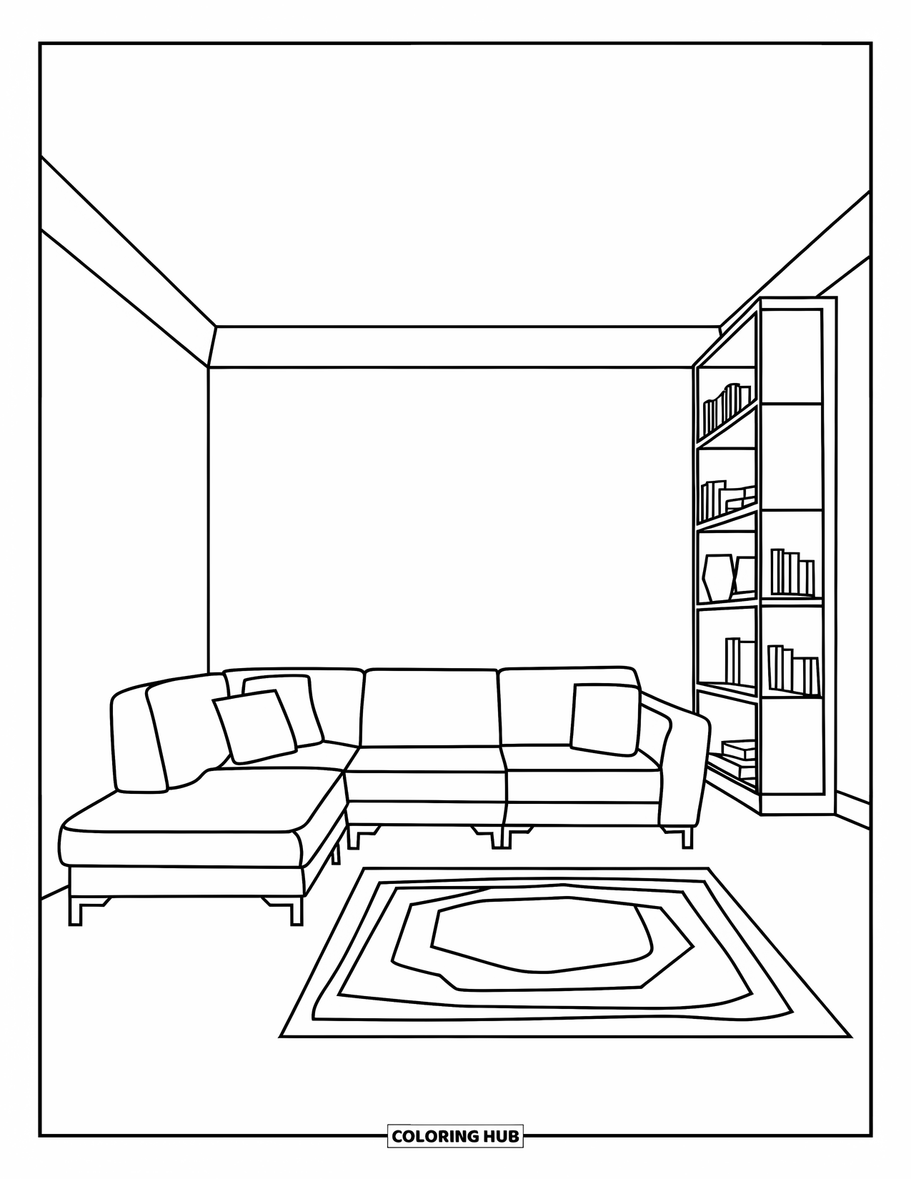 Living Room Coloring Page for Kids: Modern living room with sectional sofa, rug, and clean outlines