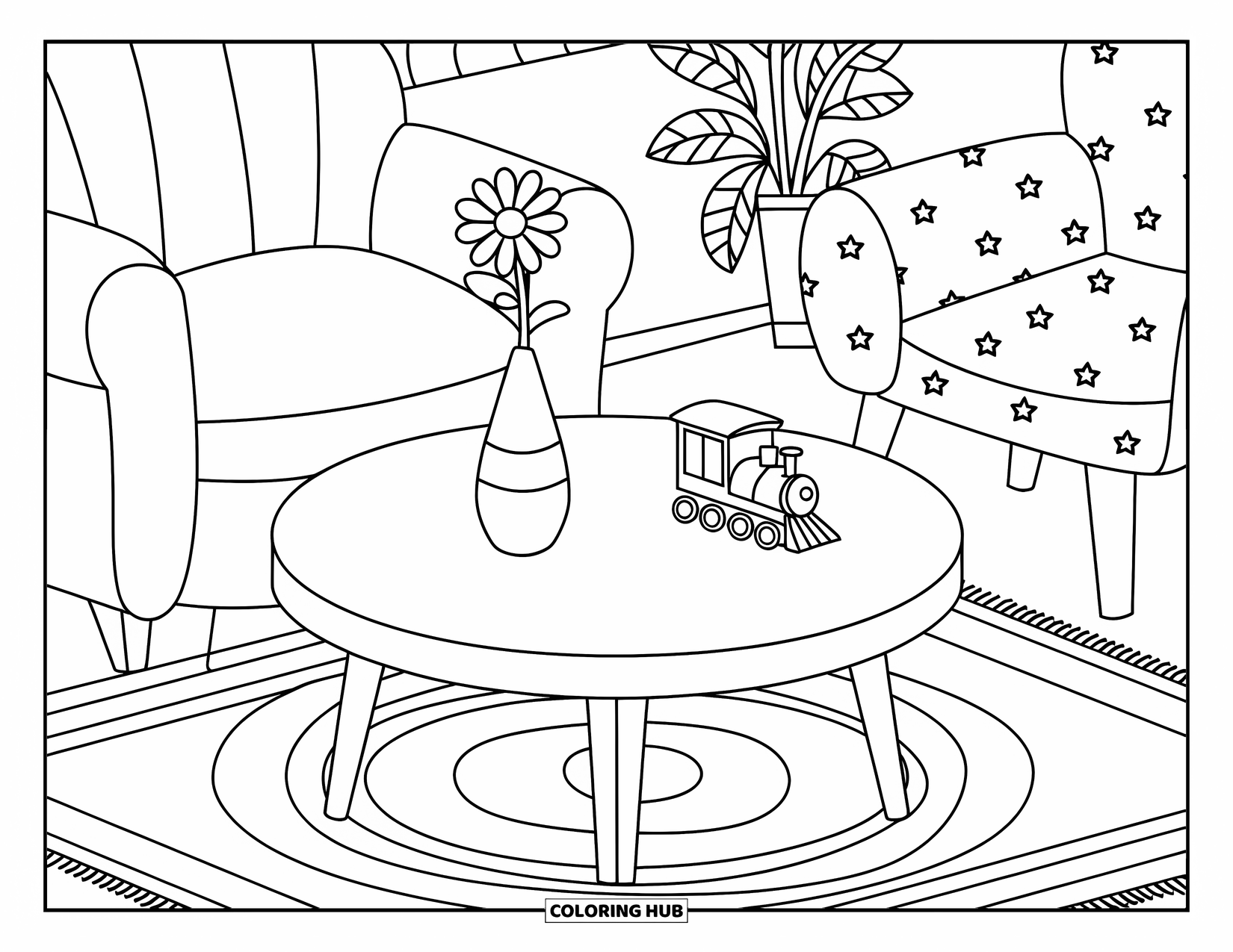 Living Room Coloring Page for Kids: Round table with flower vase, toy train, and playful chairs