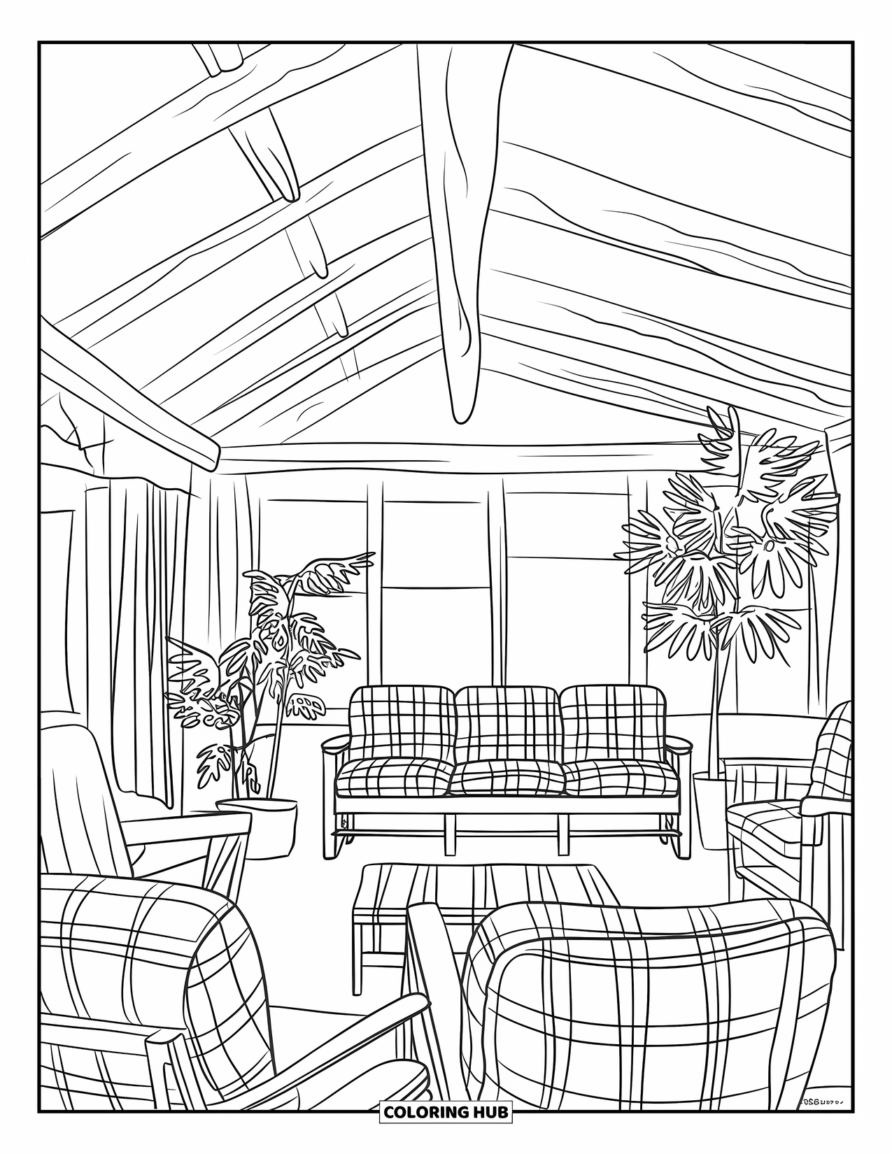 Living Room Coloring Page for Kids: Rustic chic room with wood furniture, plaid cushions, and warm vibe