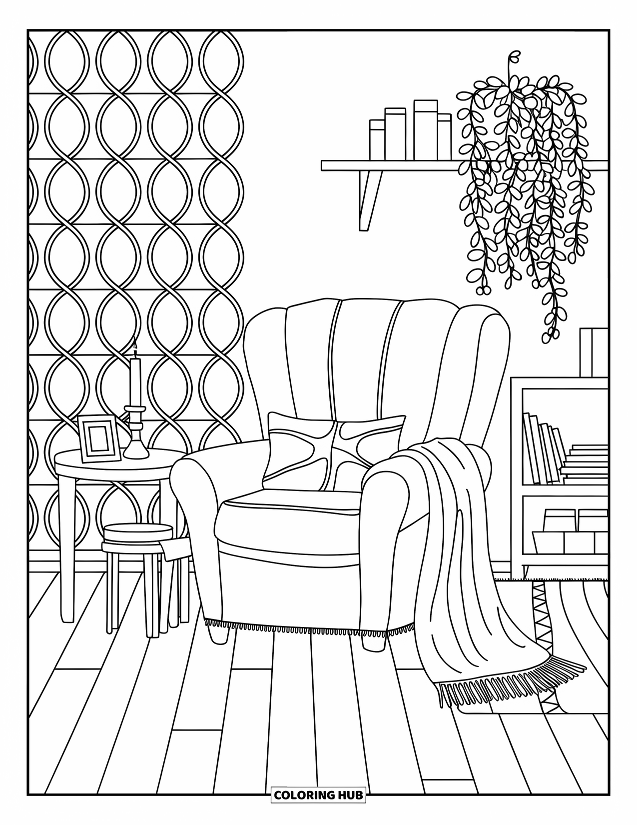 Living Room Coloring Page for Kids: Scandinavian cozy armchair with throw, candle table, and patterned wall