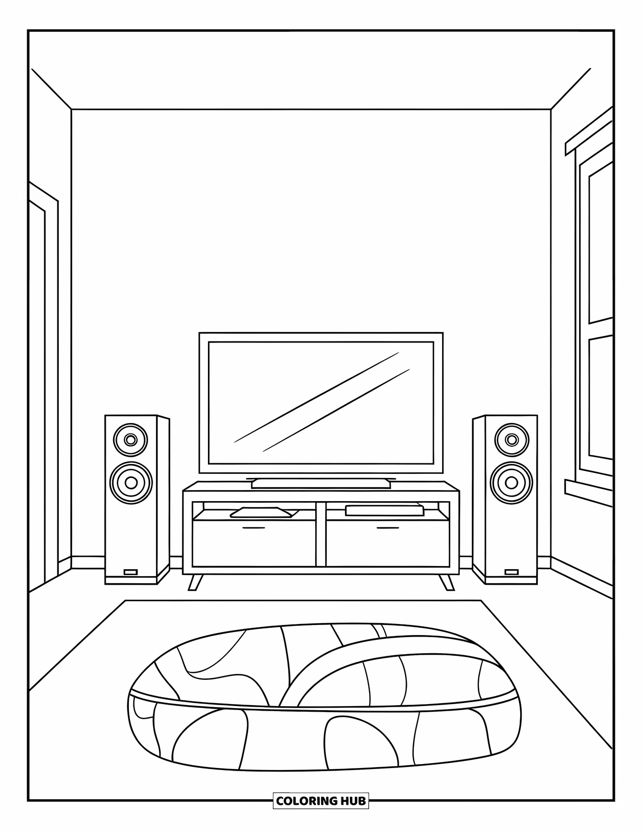 Living Room Coloring Page for Kids: Simple room with television, speakers, cushion, and window