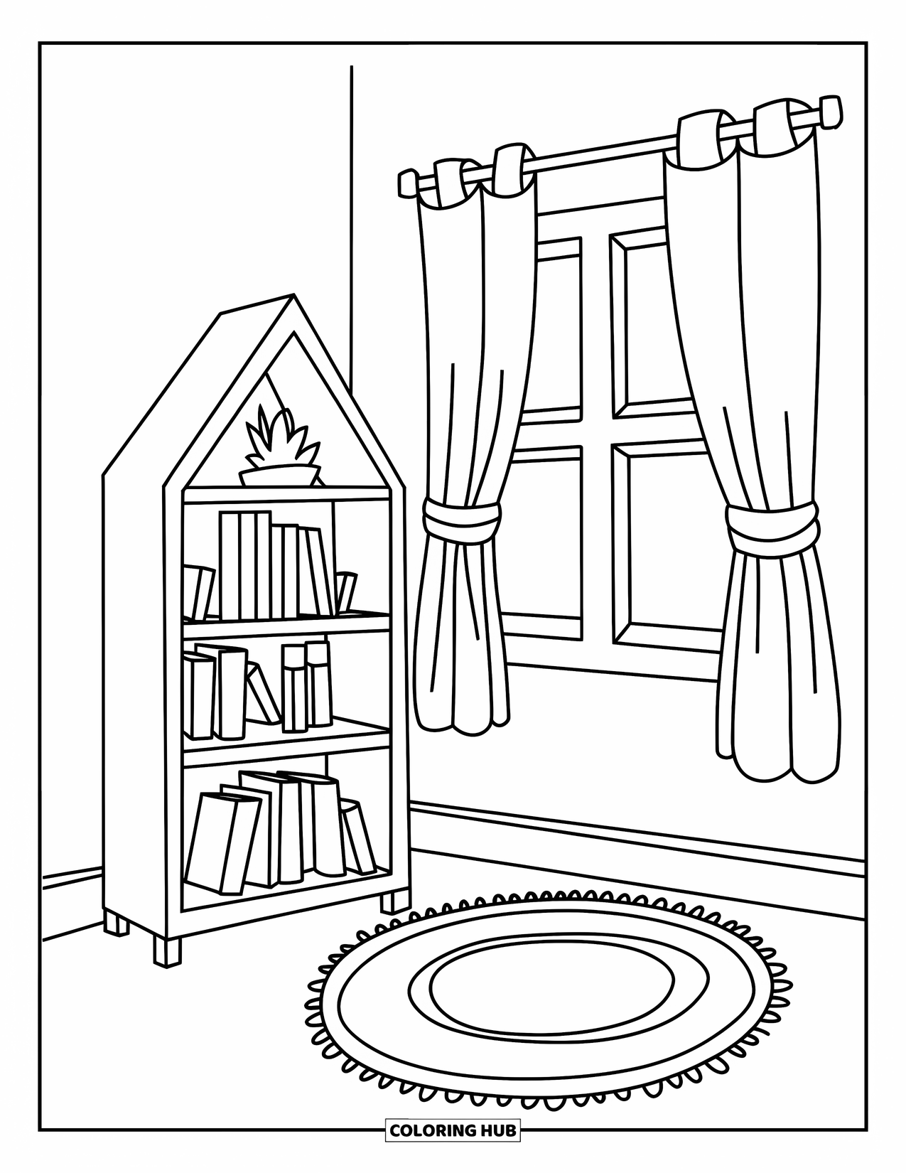 Living Room Coloring Page for Kids: Small bookshelf by window with rug and plant nearby