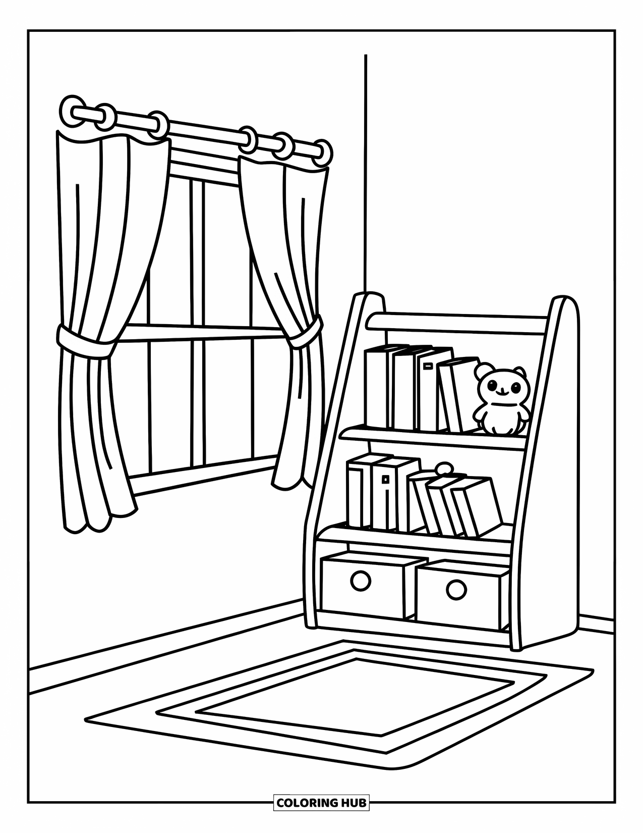 Living Room Coloring Page for Kids: Small bookshelf with books, rug, and cheerful white background