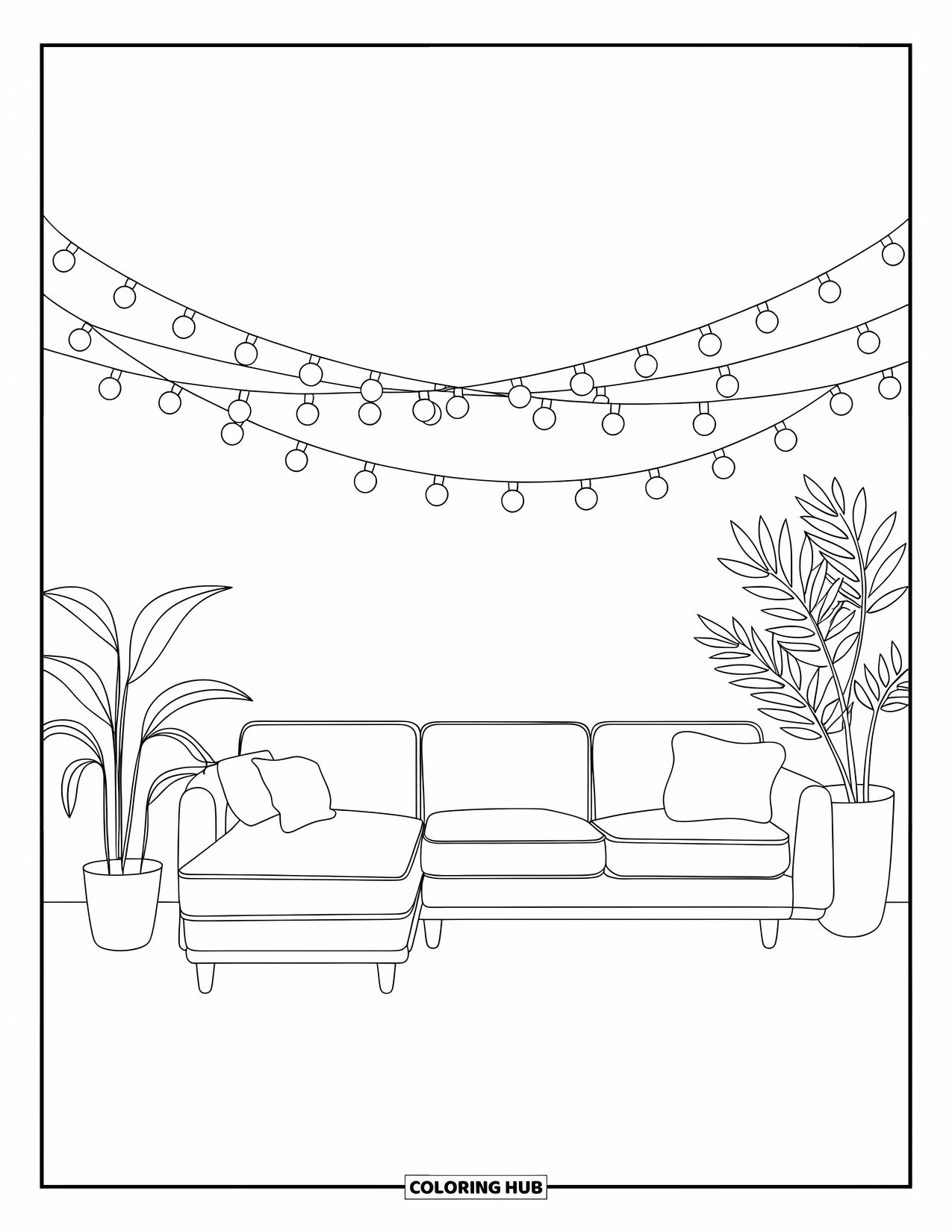 Living Room Coloring Page for Kids: Stylish living room with L-shaped sofa, potted plants, and string lights