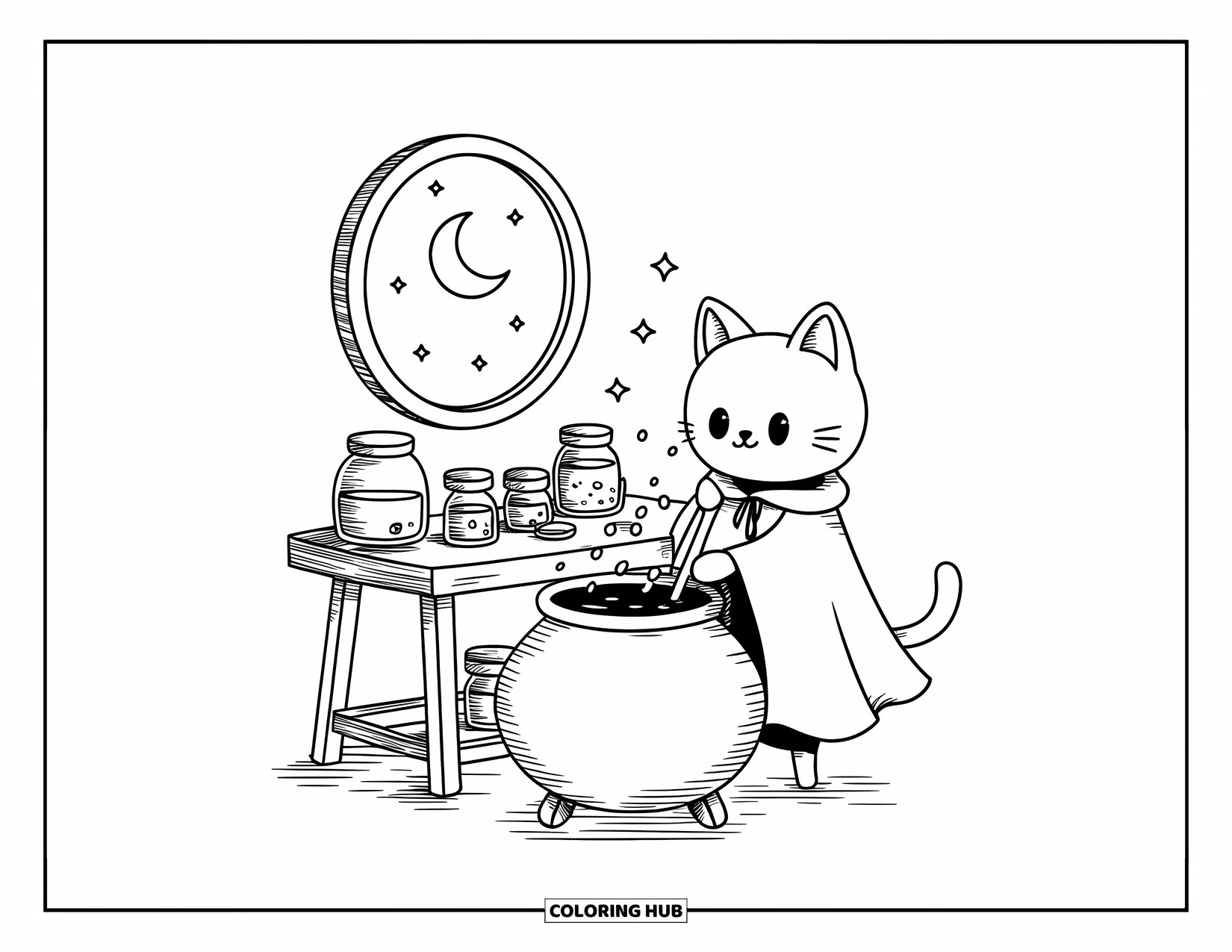 Magic Coloring Page for Adults: A cozy wizard's nook with a bubbling cauldron and a kawaii cat stirring potions