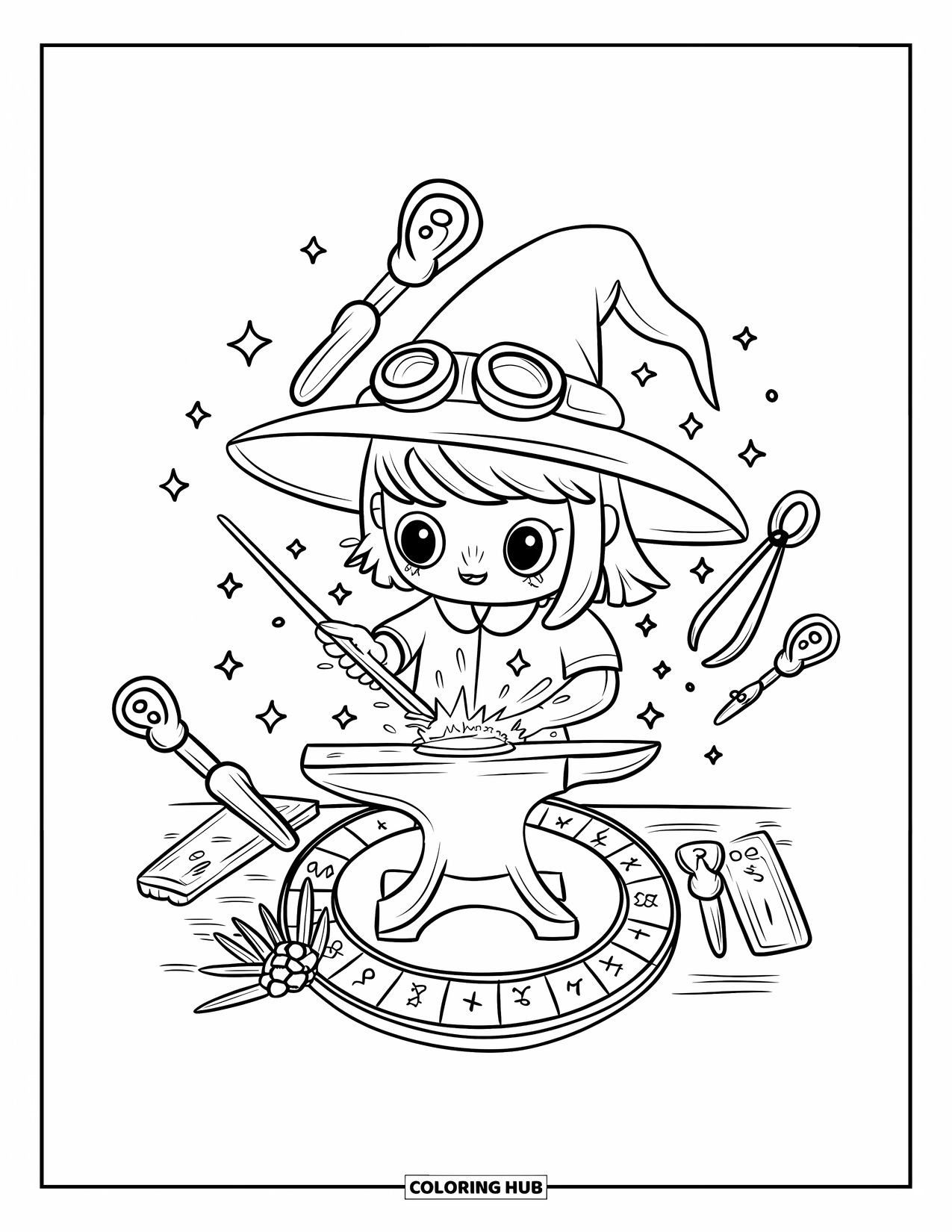 Magic Coloring Page for Adults: A cute witch-smith crafts a glowing wand with runes and enchanted tools around her