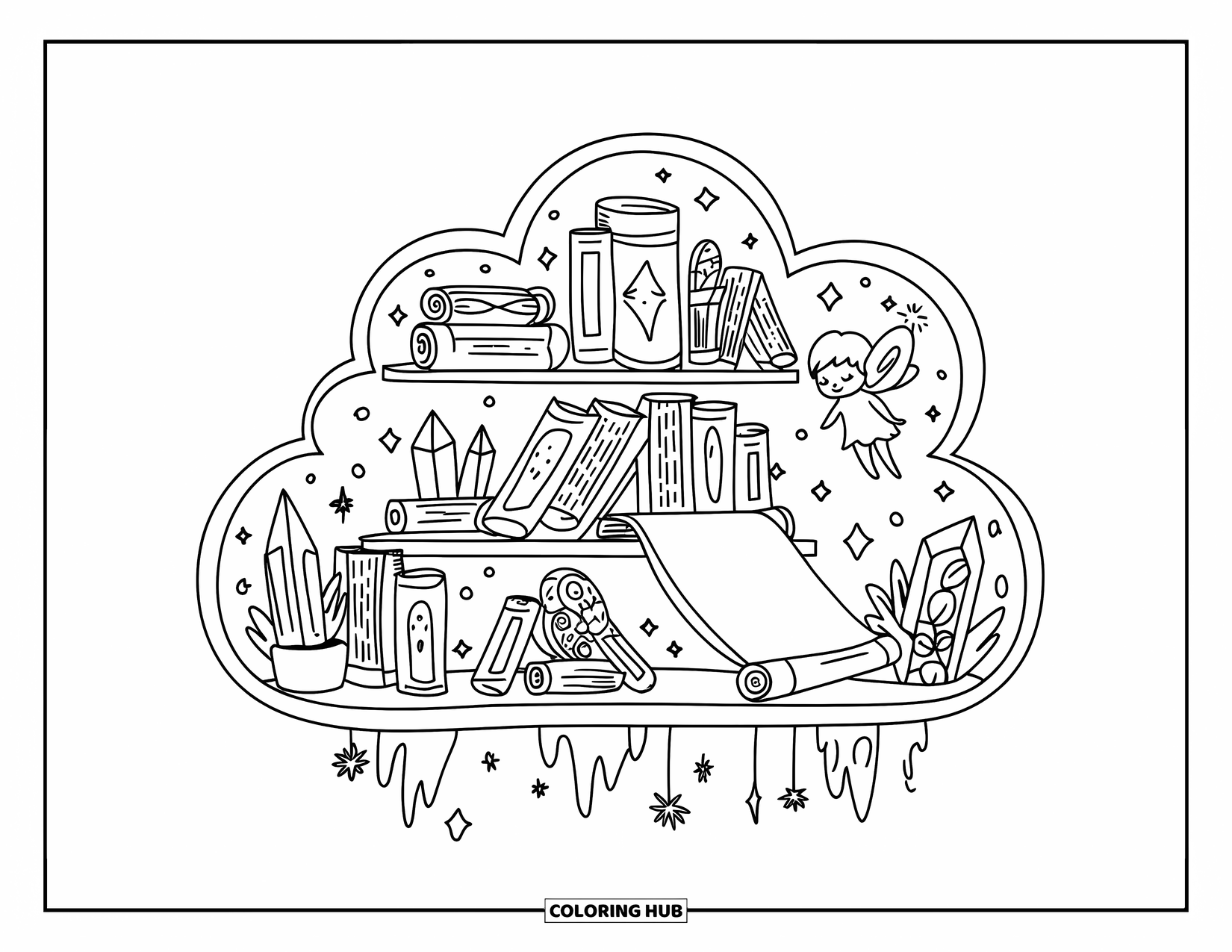 Magic Coloring Page for Adults: A floating bookshelf packed with scrolls and crystals, with a fairy unrolling a scroll