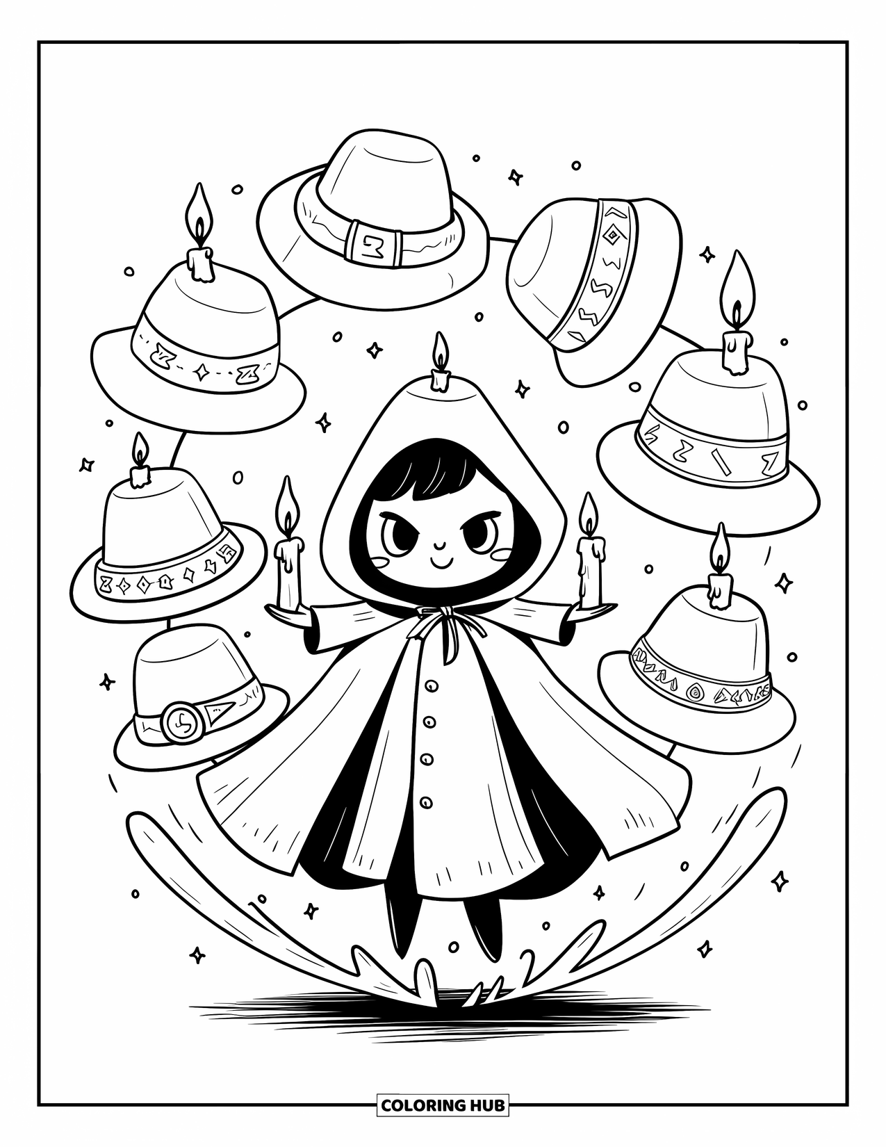 Magic Coloring Page for Adults: A kawaii spellcaster surrounded by levitating hats and tiny floating candles