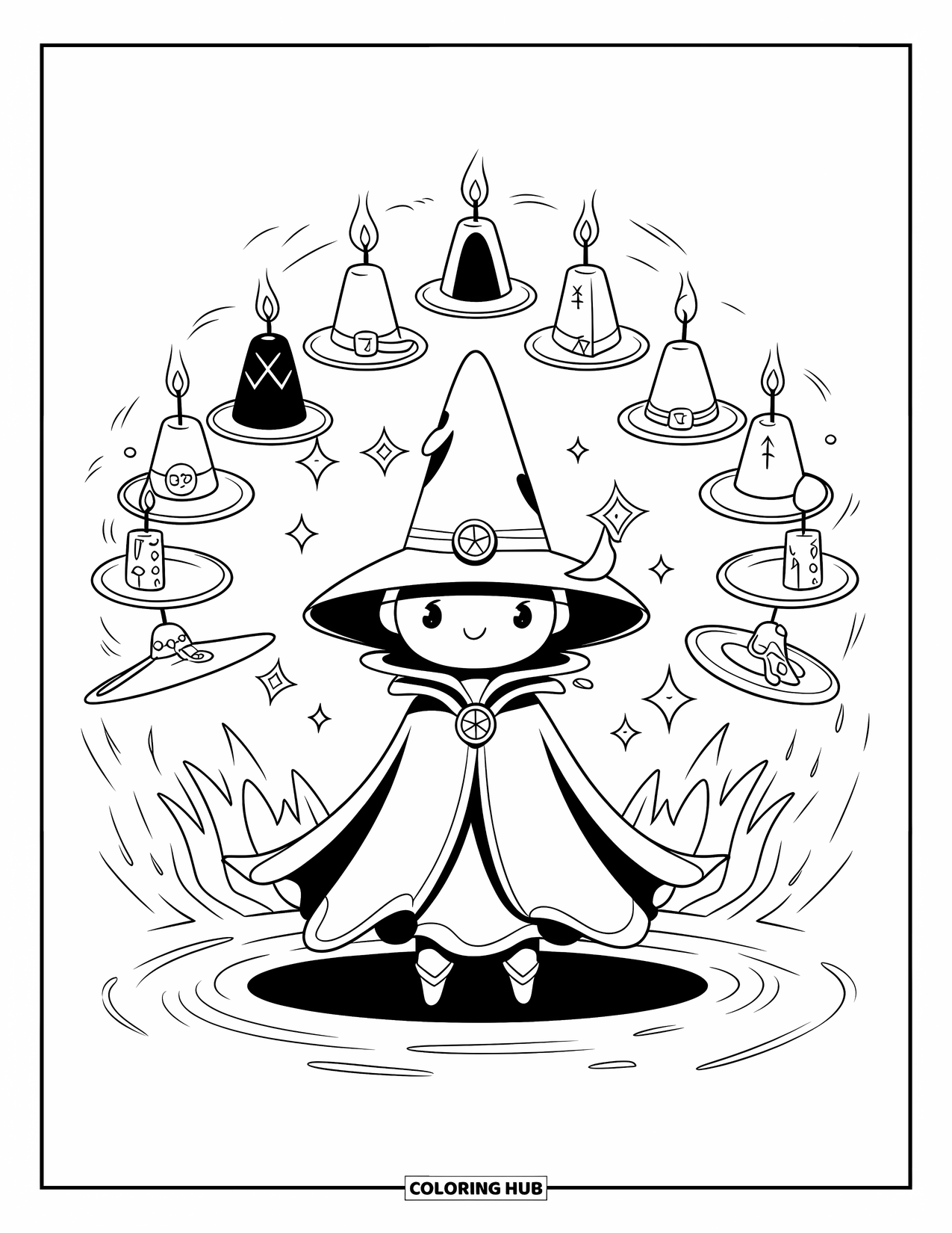 Magic Coloring Page for Adults: A kawaii spellcaster with a pointy hat surrounded by floating hats and candles