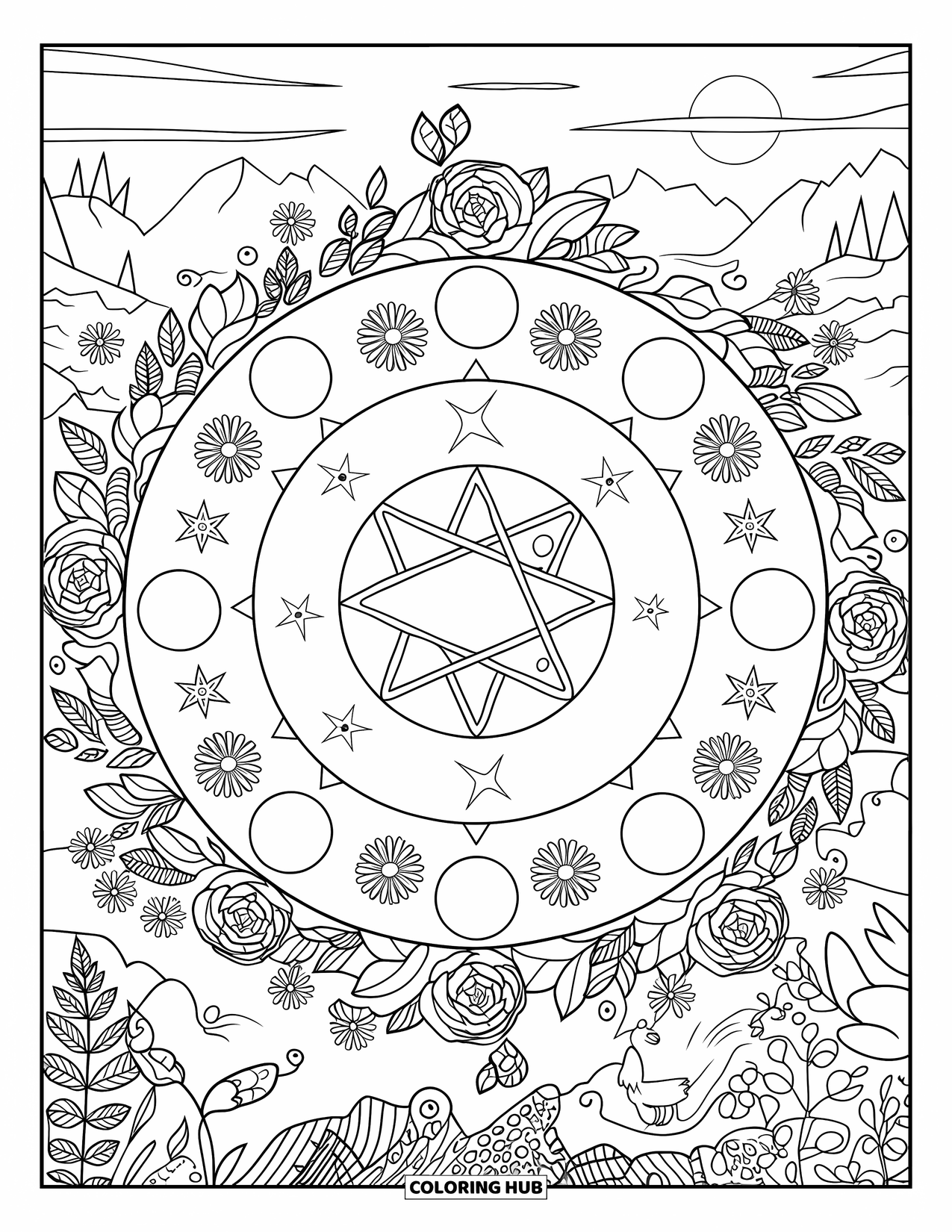 Magic Coloring Page for Adults: A large floral spell circle with plants, small animals, and moon phases nearby