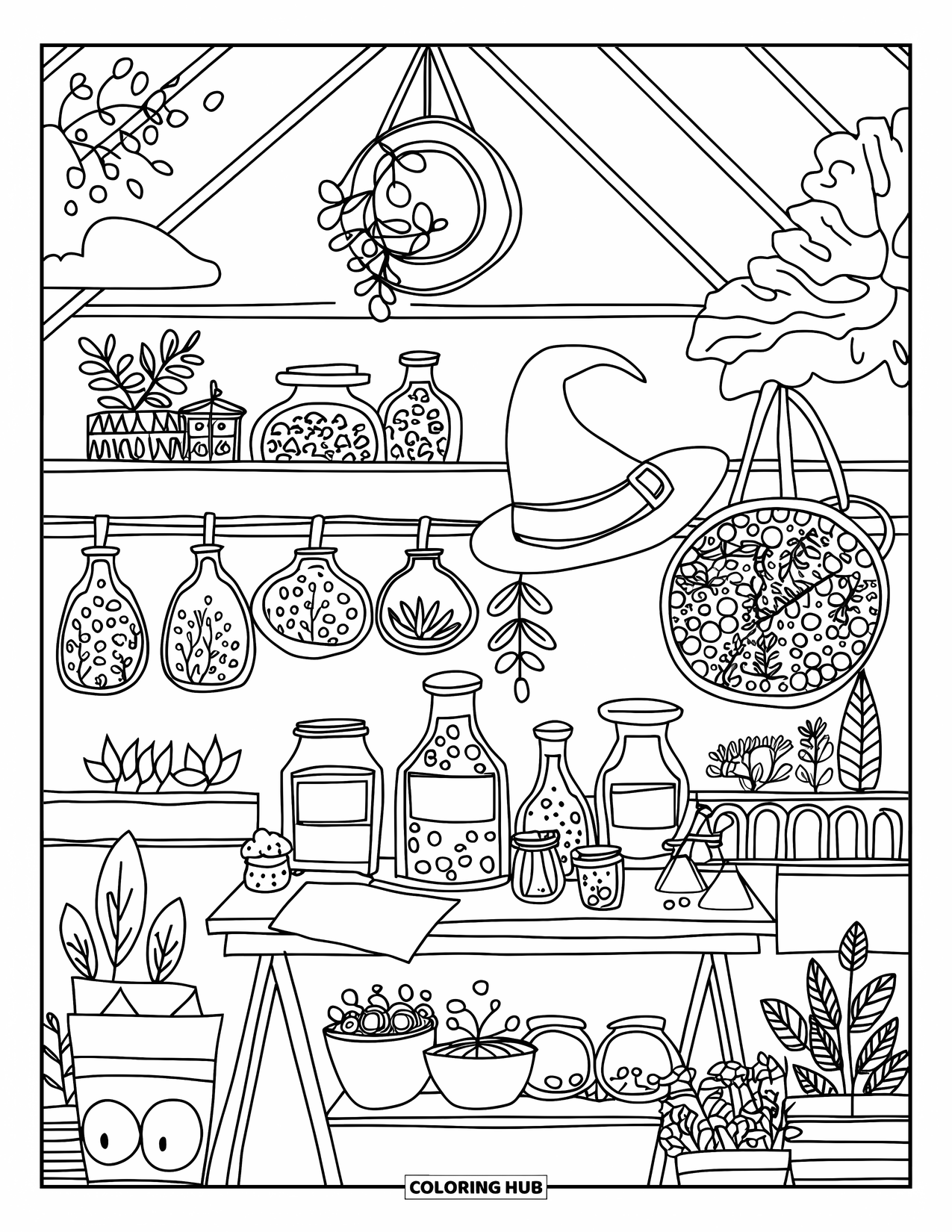 Magic Coloring Page for Adults: A magical greenhouse with hanging spell jars, a potion table, and a witch's hat